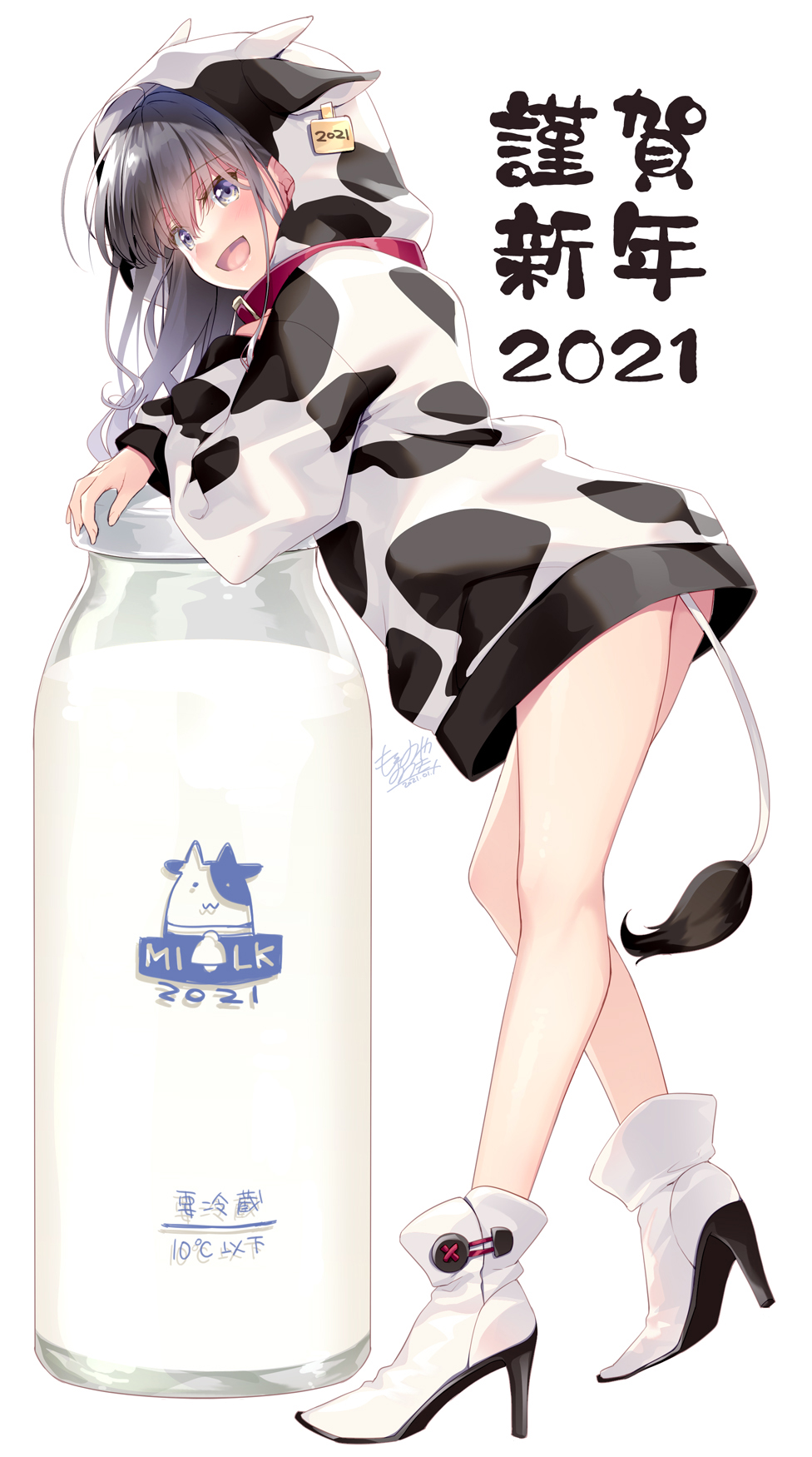 1girl 2021 animal_ears animal_hood animal_print ass bangs black_hair blue_eyes boots bottle chinese_zodiac collar commentary_request cow_ears cow_hood cow_horns cow_print cow_tail ear_tag eyebrows_visible_through_hair fake_animal_ears fake_horns full_body hair_between_eyes high_heel_boots high_heels highres hood hood_up hoodie horns leaning_forward long_hair long_sleeves milk milk_bottle motomiya_mitsuki original oversized_object print_hoodie puffy_long_sleeves puffy_sleeves red_collar signature simple_background sleeves_past_wrists solo standing tail translation_request white_background white_footwear white_hoodie year_of_the_ox