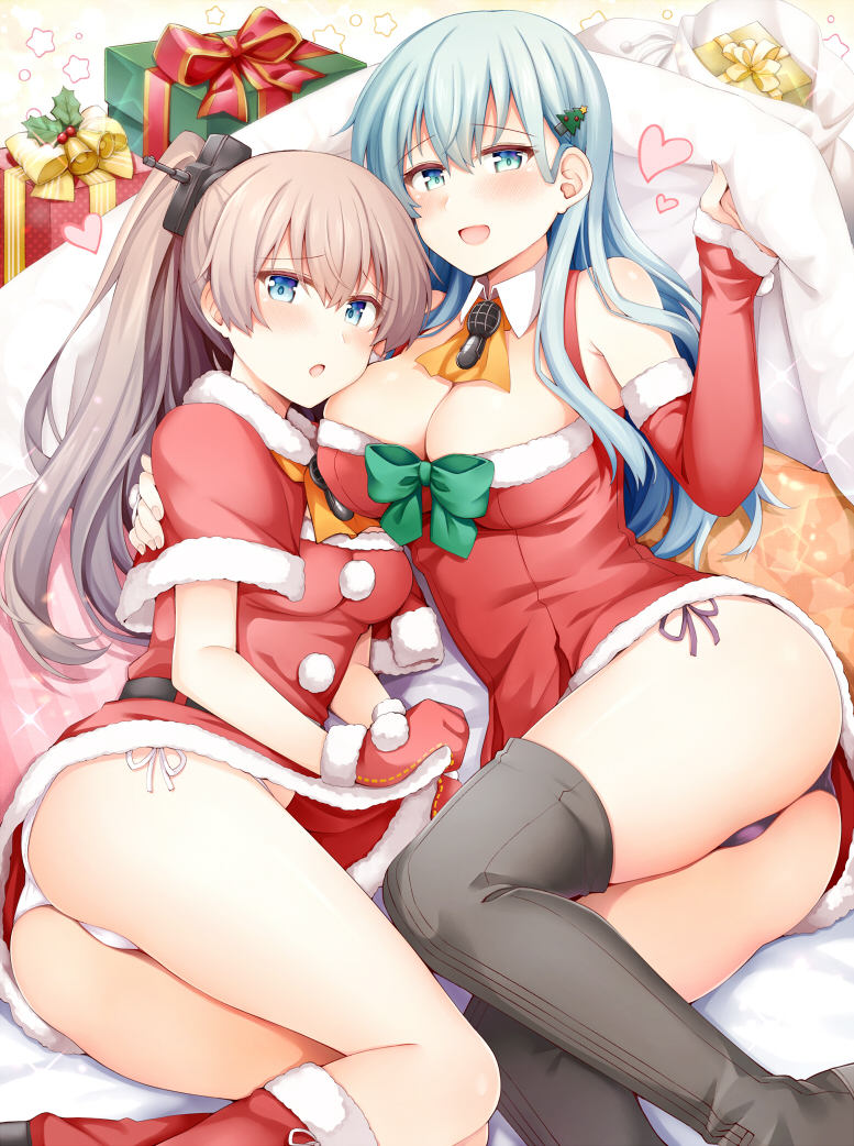 2girls black_footwear blue_eyes blush boots box breasts brown_hair christmas commentary detached_collar eyebrows_visible_through_hair gift gift_box green_eyes green_hair hair_between_eyes heart kantai_collection kumano_(kantai_collection) large_breasts long_hair multiple_girls open_mouth panties pom_pom_(clothes) ponytail purple_panties revision rui_shi_(rayze_ray) sack santa_costume short_sleeves smile star_(symbol) suzuya_(kantai_collection) thigh_boots thighhighs underwear white_panties