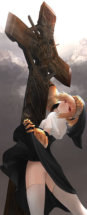 1girl blonde_hair check_copyright cloud cloudy_sky copyright_request cross gauntlets grey_sky lifted_by_self medium_hair nun outdoors oversized_object parted_lips queen's_blade red_eyes savuxan sigui_(queen's_blade) sky solo thighhighs white_legwear