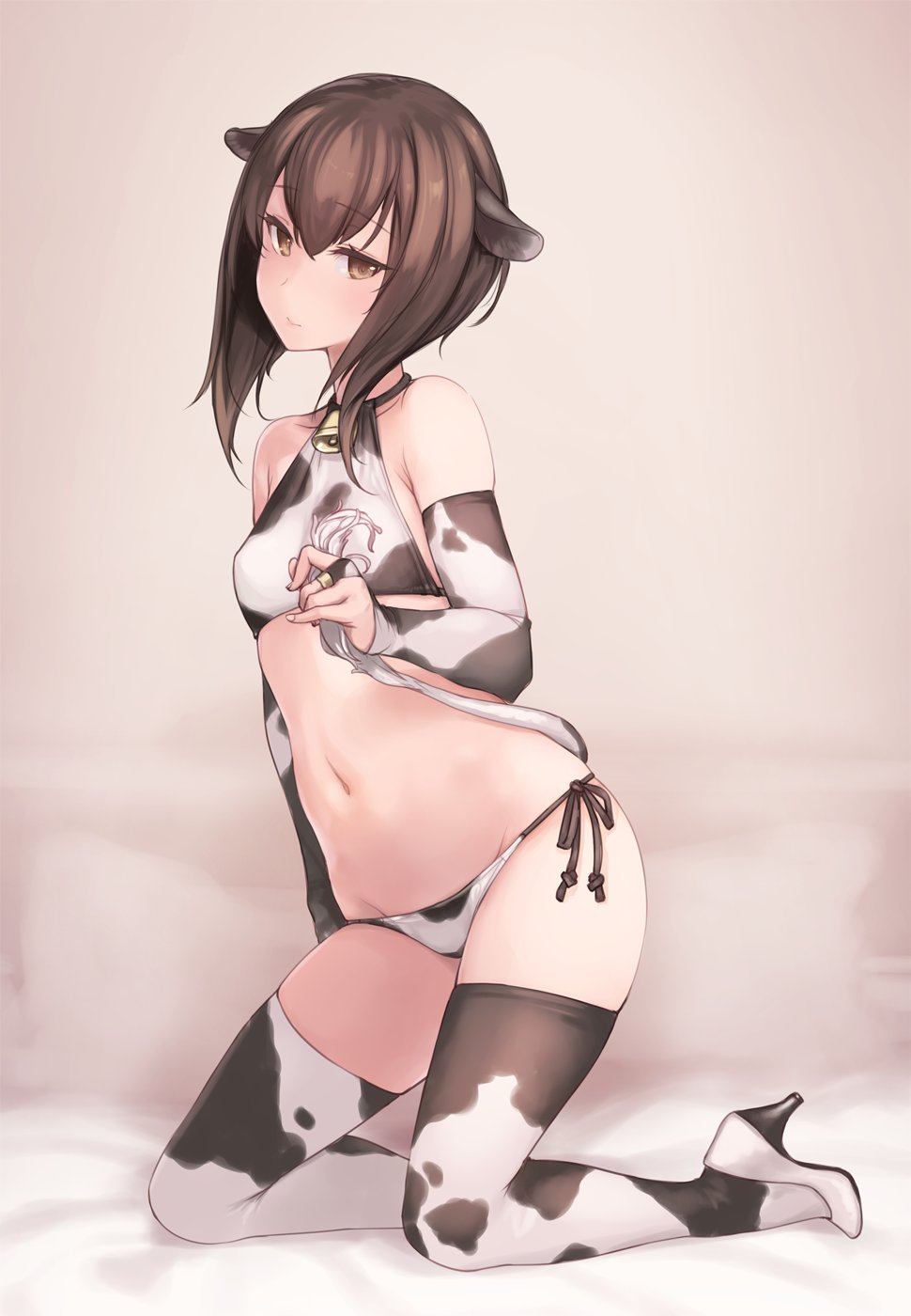 1girl animal_ears animal_print artist_name bangs bell bikini blush brown_eyes brown_hair closed_mouth collarbone cow_ears cow_print cow_tail cowbell cowboy_shot dated eyebrows_visible_through_hair flat_chest grey_background hair_between_eyes high_heels highres holding holding_tail kantai_collection kneeling rokuwata_tomoe short_hair side-tie_bikini signature simple_background solo swimsuit taihou_(kantai_collection) tail thighhighs twitter_username