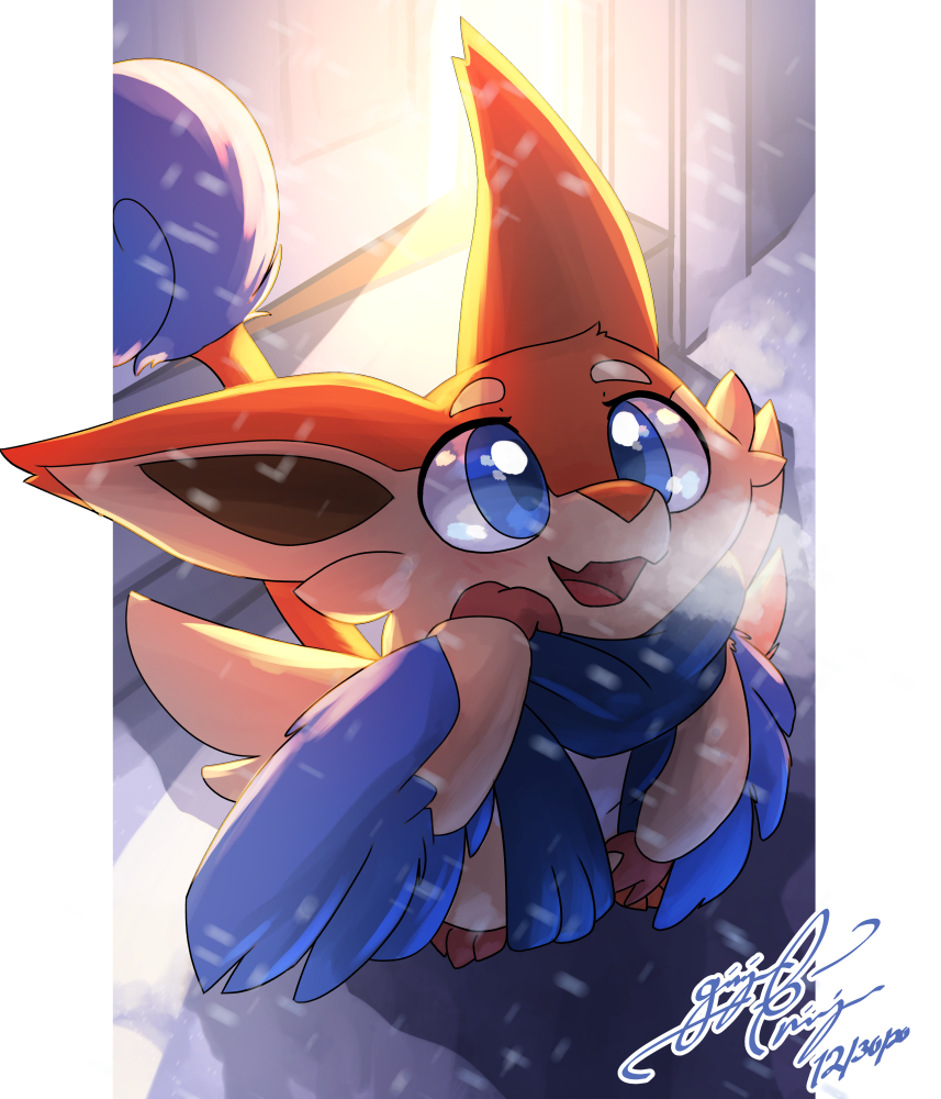 2020 ambiguous_gender archen blue_body blue_eyes blue_feathers blush feathers fossil_pok&eacute;mon fur fusion gingy_k_fox hybrid legendary_pok&eacute;mon nintendo open_mouth open_smile outside pok&eacute;mon pok&eacute;mon_(species) pok&eacute;mon_fusion scarf shaded signature smile snow solo tan_body tan_fur victini video_games