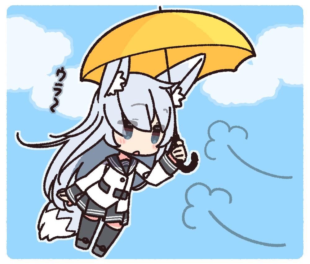 1girl animal_ears background_text blue_eyes blush chibi cloud hibiki_(kantai_collection) kantai_collection long_hair mary_poppins parasol silver_hair skirt sky solo umbrella uniform verniy_(kantai_collection) wolf_ears yellow_umbrella yoru_nai