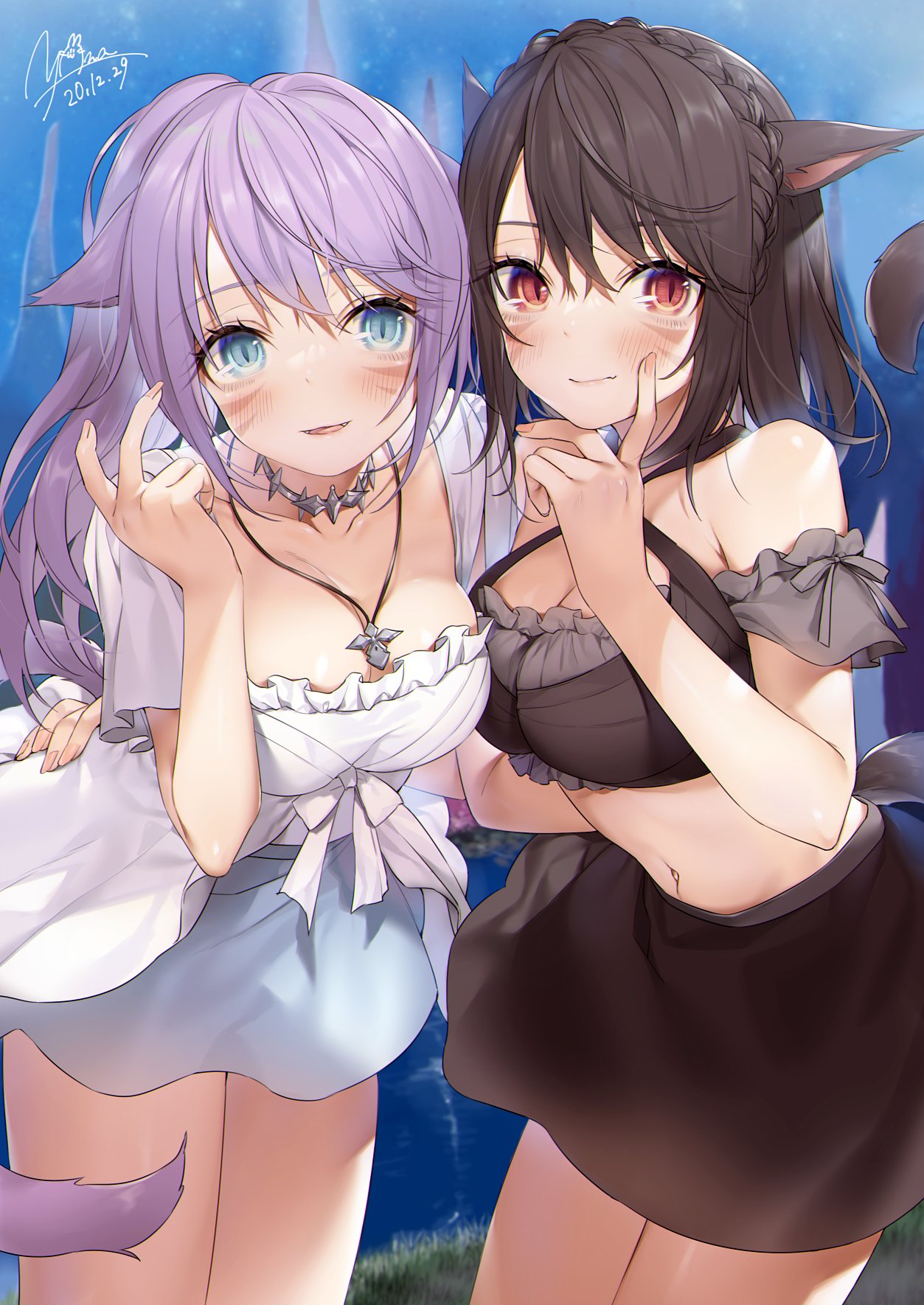 2girls :d animal_ears bare_shoulders black_hair black_skirt blue_eyes blush braid breasts cat_ears cat_tail choker cleavage collarbone dress eyebrows_visible_through_hair facial_mark final_fantasy final_fantasy_xiv french_braid highres jewelry leaning_forward looking_at_viewer medium_breasts miqo'te multiple_girls navel necklace open_mouth pencil_skirt ponytail purple_hair red_eyes short_hair skirt smile tail white_dress yana_mori