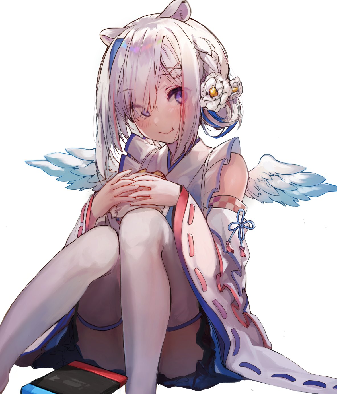 1girl akieda amane_kanata angel_wings animal_ears bare_shoulders blush braid detached_sleeves flower food hair_flower hair_ornament hair_over_one_eye hamburger highres hololive japanese_clothes maid miko mini_wings multicolored_hair nintendo_switch purple_eyes sitting skirt smile solo virtual_youtuber white_hair white_legwear wide_sleeves wings