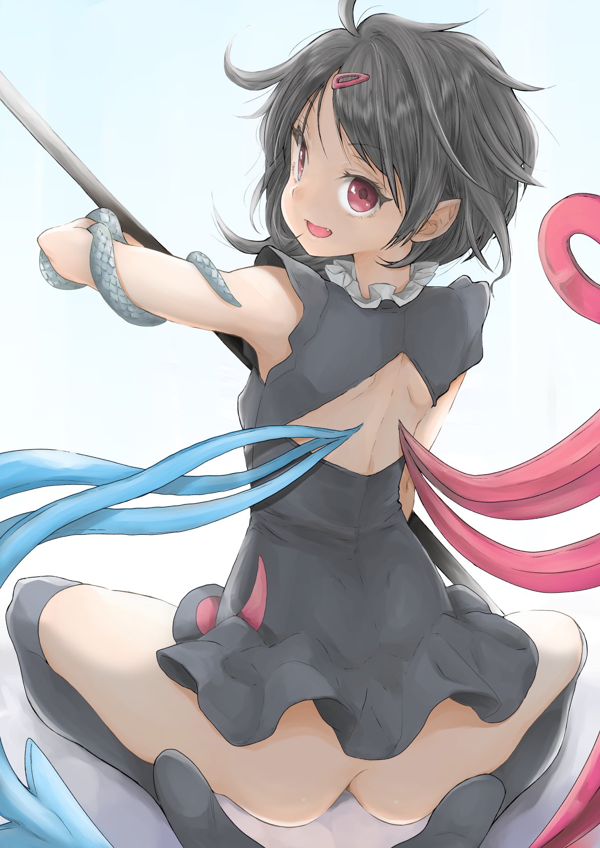 1girl ass asymmetrical_wings back_cutout black_dress black_hair bottomless chikado clothing_cutout dress from_behind hair_ornament hairclip highres houjuu_nue looking_at_viewer over-kneehighs pointy_ears red_eyes short_dress short_hair simple_background sleeveless sleeveless_dress smile snake solo thighhighs touhou wings