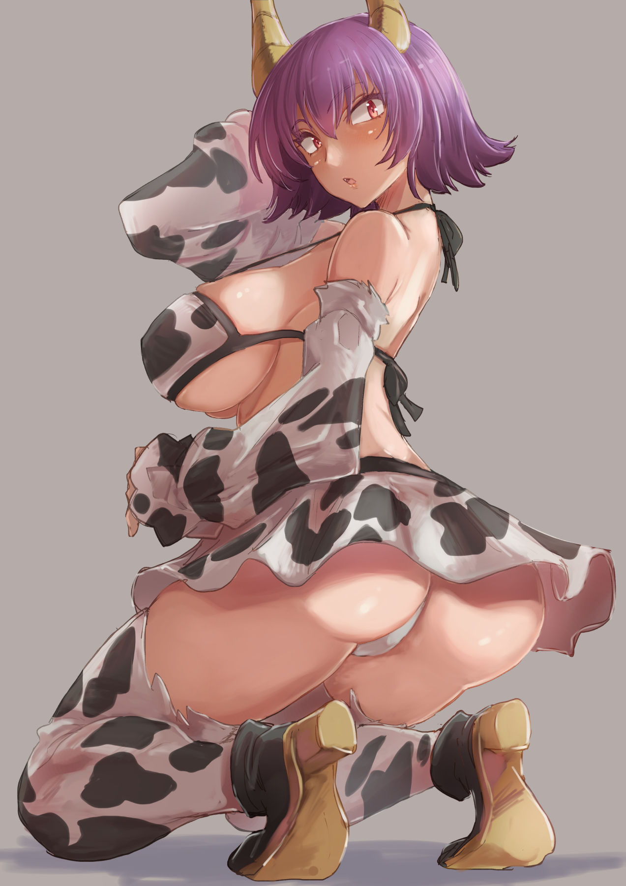 1girl alternate_costume animal_print ass bangs bikini black_footwear blush breasts chinese_zodiac commentary_request cow_horns cow_print eyebrows_visible_through_hair fake_horns full_body grey_background high_heels highres horns kneeling large_breasts looking_at_viewer looking_back miniskirt open_mouth panties print_bikini print_legwear print_skirt print_sleeves purple_hair red_eyes short_hair simple_background skirt solo swimsuit thighhighs touhou underwear white_panties yasaka_kanako year_of_the_ox yohane