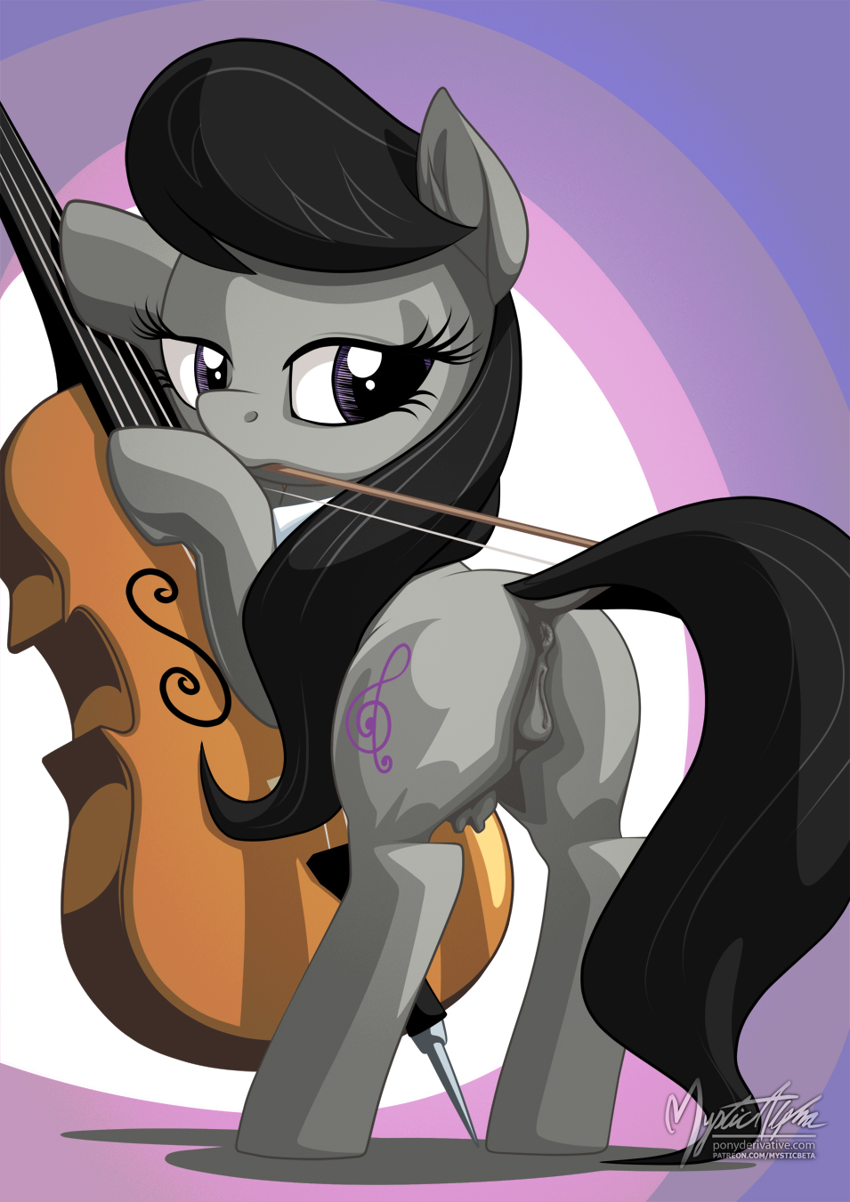 2020 animal_genitalia animal_pussy black_hair black_tail bowed_string_instrument butt cello cutie_mark digital_media_(artwork) dock earth_pony equid equine equine_anus equine_pussy eyelashes female feral friendship_is_magic genitals grey_body hair hi_res holding_object horse long_hair looking_back mammal mouth_hold musical_instrument my_little_pony mysticalpha octavia_(mlp) pony purple_background purple_eyes pussy signature simple_background solo standing string_instrument teats text three-quarter_view treble_clef url white_background