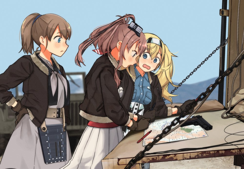 3girls annin_musou blonde_hair blue_eyes blue_shirt blush breast_pocket brown_gloves brown_hair buttons collared_shirt day dress eyebrows_visible_through_hair gambier_bay_(kantai_collection) gloves grey_neckwear gun hair_between_eyes intrepid_(kantai_collection) kantai_collection long_hair long_sleeves map multiple_girls neckerchief open_mouth pen pocket ponytail saratoga_(kantai_collection) shirt side_ponytail twintails weapon white_dress