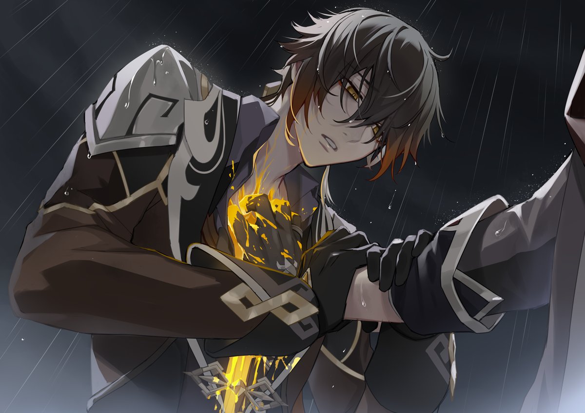 2boys bangs black_gloves black_hair bleeding blood brown_hair chisuke_1104 cloud cloudy_sky crack cracked_skin dark_clouds earrings eyebrows_visible_through_hair eyes_visible_through_hair formal genshin_impact gloves hair_between_eyes hand_on_another's_arm hand_on_another's_chest injury jacket jewelry long_sleeves male_focus multicolored_hair multiple_boys open_clothes open_mouth rain ring single_earring sky tartaglia_(genshin_impact) tassel tassel_earrings water wet wet_clothes yellow_eyes zhongli_(genshin_impact)