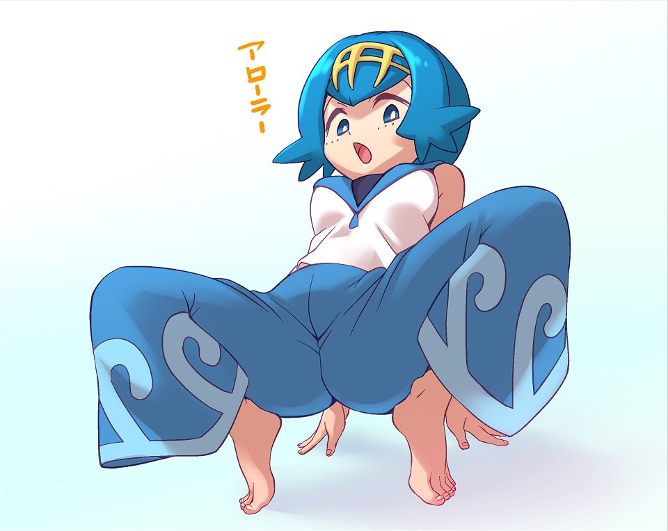 1girl arm_support ass barefoot blue_eyes blue_hair blue_sailor_collar breasts e_keroron feet hairband lana_(pokemon) looking_at_viewer open_mouth pokemon pokemon_(game) pokemon_sm sailor_collar shirt short_hair sleeveless solo spread_legs toes trial_captain