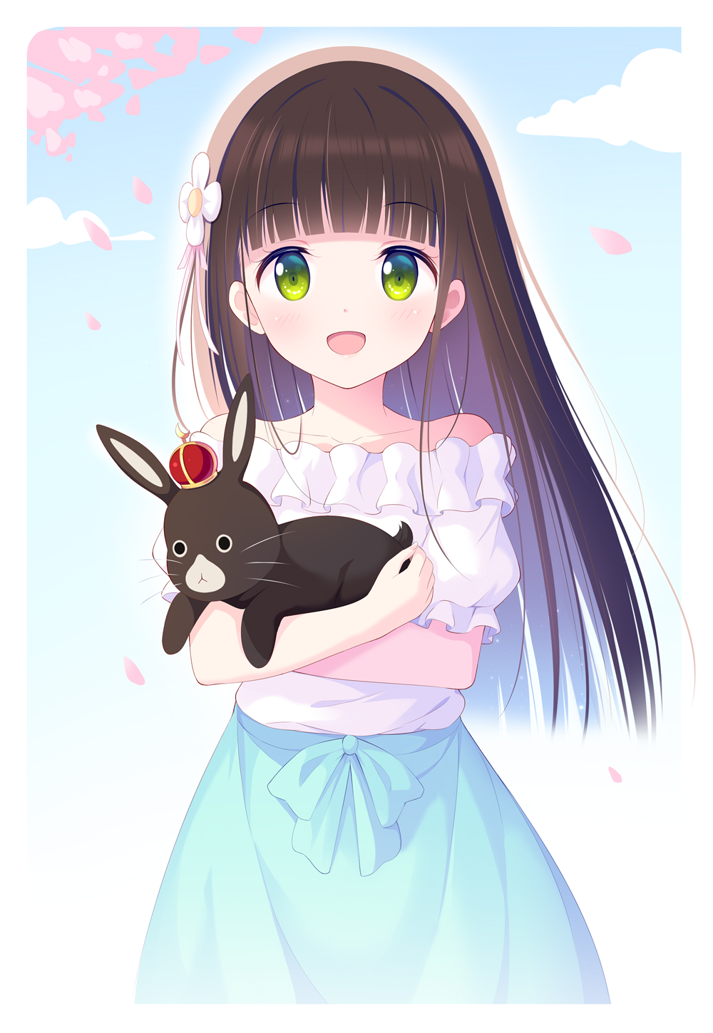 :d animal anko_(gochiusa) bangs blue_bow blue_skirt blunt_bangs bow brown_hair cherry_blossoms collarbone eyebrows_visible_through_hair flower gochuumon_wa_usagi_desu_ka? green_eyes hair_flower hair_ornament highres hime_cut holding holding_animal kagami_(galgamesion) long_hair looking_at_viewer off-shoulder_shirt off_shoulder open_mouth shiny shiny_hair shirt short_sleeves skirt smile spring_(season) straight_hair ujimatsu_chiya white_flower white_shirt