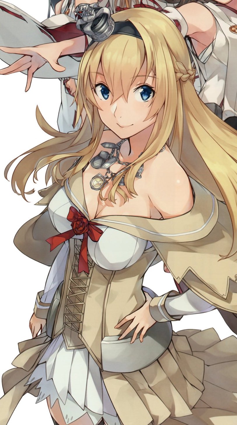 1girl blonde_hair blue_eyes braid breasts corset cowboy_shot cropped crown dress flower french_braid hand_on_hip highres jewelry kantai_collection konishi_(koconatu) large_breasts long_hair long_sleeves mini_crown off-shoulder_dress off_shoulder official_art red_flower red_ribbon red_rose ribbon rose smile thighhighs third-party_edit third-party_source warspite_(kantai_collection) white_background white_dress white_legwear