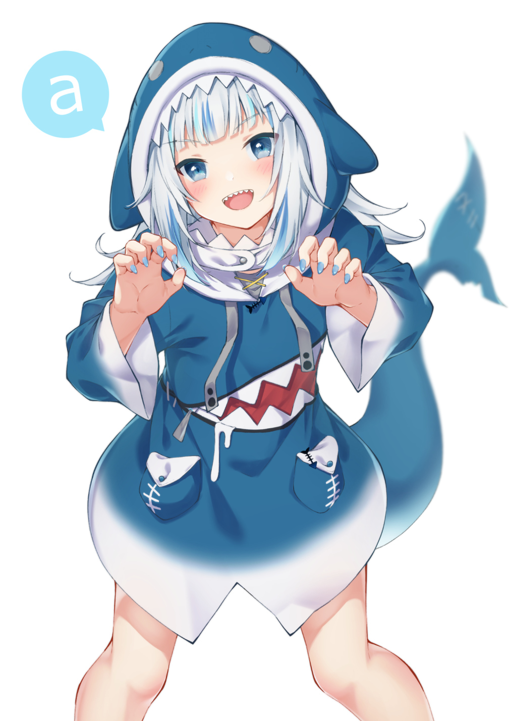 1girl a animal_hood bangs blue_eyes blue_hair blue_nails blunt_bangs blush claw_pose eyebrows_visible_through_hair fingernails fish_tail flat_chest gawr_gura highres hololive hololive_english hood multicolored_hair mupe open_hands open_mouth shark_hood shark_tail sharp_fingernails silver_hair solo speech_bubble streaked_hair tail v-shaped_eyebrows virtual_youtuber