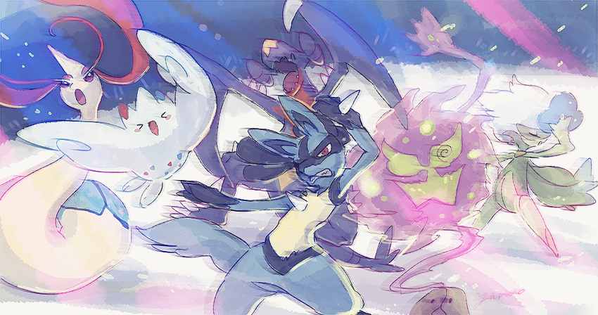 &gt;_&lt; 1boy 1girl @_@ ^_^ annoyed arm_up arms_up artist_name blue_flower blue_rose blush blush_stickers claws clenched_teeth closed_eyes commentary_request dancing dragon floating flower full_body furry garchomp gen_3_pokemon gen_4_pokemon ghost happy leg_up legs_apart lucario milotic monster_girl motion_lines open_mouth outstretched_arm plant_girl pokemon pokemon_(creature) red_eyes rock rose roserade sharp_teeth short_hair signature smile spikes spiritomb spotlight standing standing_on_one_leg teeth togekiss white_hair wolf_boy yurano_(upao)