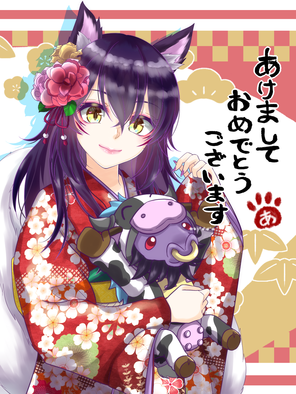 1girl ahri alistar animal_costume animal_ear_fluff animal_ears aoi_(kiyokiyoaomushi) blush brown_flower chinese_zodiac closed_mouth commentary_request cow_costume floral_print flower hair_flower hair_ornament hand_up highres japanese_clothes kimono league_of_legends long_hair long_sleeves looking_at_viewer nail_polish obi pinching_sleeves pink_flower pink_lips print_kimono purple_hair purple_nails red_flower red_kimono sash sleeves_past_wrists smile translation_request upper_body wide_sleeves year_of_the_ox yellow_eyes