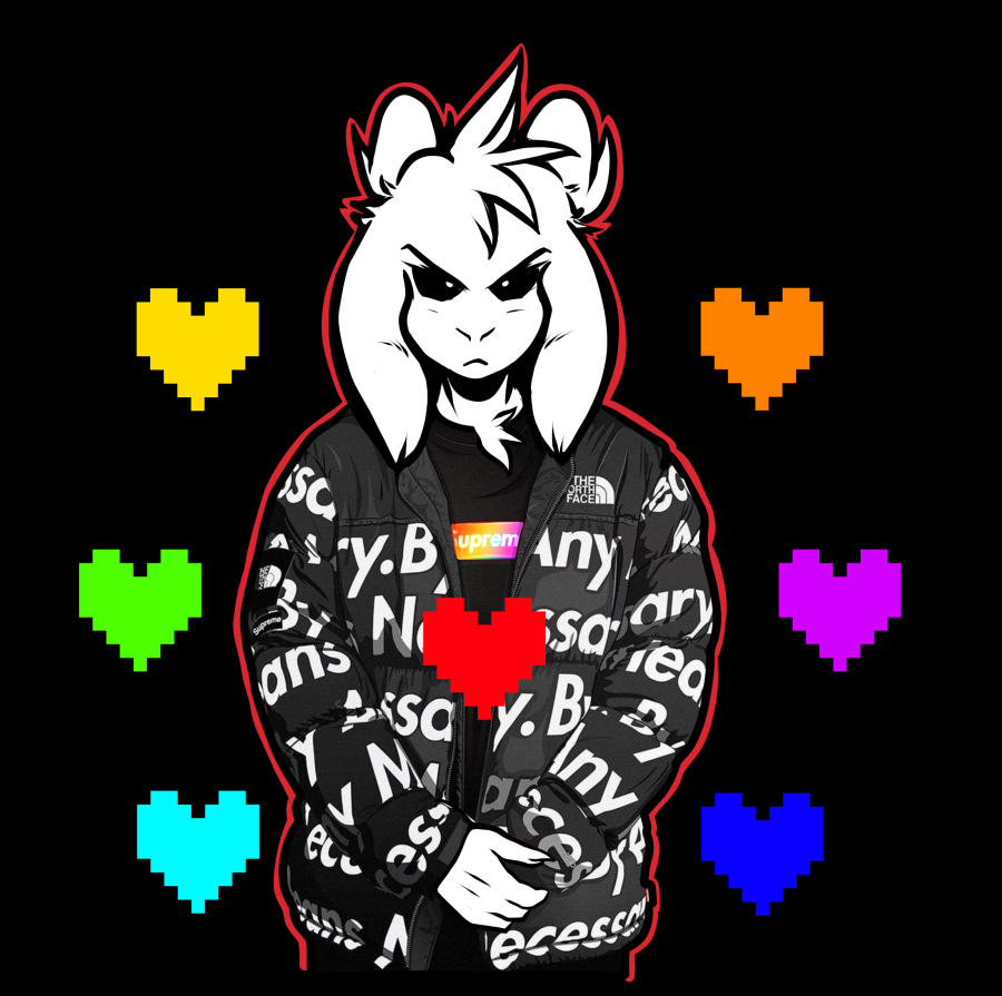 &lt;3 2021 4_fingers anthro asriel_dreemurr_(god_form) black_background black_sclera boss_monster bovid caprine clothed clothing crackers curved_horn digital_media_(artwork) fingers floppy_ears frown fully_clothed fur head_tuft horn jacket logo male mammal meme neck_tuft shirt simple_background solo soul standing supreme t-shirt text the_north_face topwear tuft undertale video_games white_body white_fur