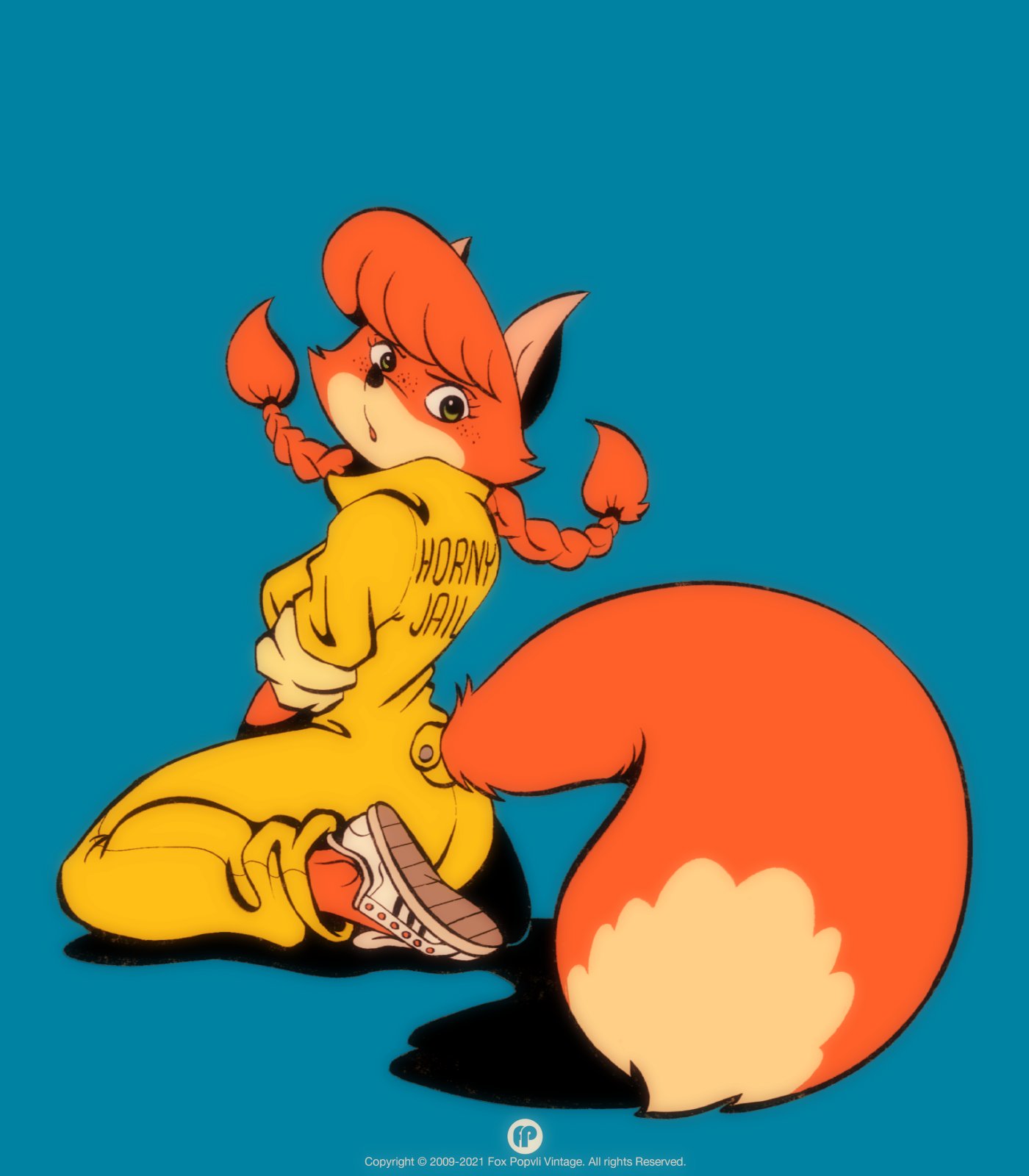 2009 2021 anthro canid canine clothing english_text female fox fox-pop freckles hi_res jumpsuit kneeling looking_at_viewer looking_back mammal patty_foxy solo text