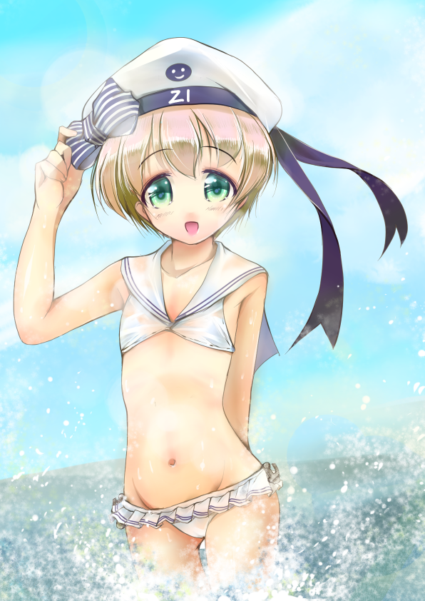 1girl bikini bikini_skirt blonde_hair clothes_writing commentary_request cowboy_shot flat_chest green_eyes hat kantai_collection looking_at_viewer microskirt millipen_(medium) pleated_skirt sailor_bikini sailor_collar sailor_hat short_hair side-tie_bikini skirt smile soaking_feet solo swimsuit traditional_media white_headwear white_sailor_collar yashin_(yasinz) z1_leberecht_maass_(kantai_collection)