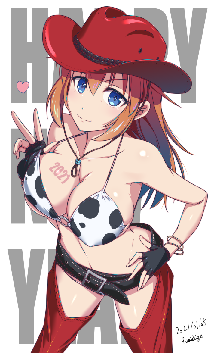 1girl 2021 animal_print artist_name bikini black_gloves blue_eyes blush breasts charlotte_e_yeager chinese_zodiac cleavage closed_mouth collarbone covered_nipples cow_print cowboy_hat dated fingerless_gloves fumie_umetora gloves happy_new_year hat heart large_breasts looking_at_viewer new_year orange_hair red_headwear red_legwear shiny shiny_hair shiny_skin smile solo strike_witches swimsuit thighhighs world_witches_series year_of_the_ox