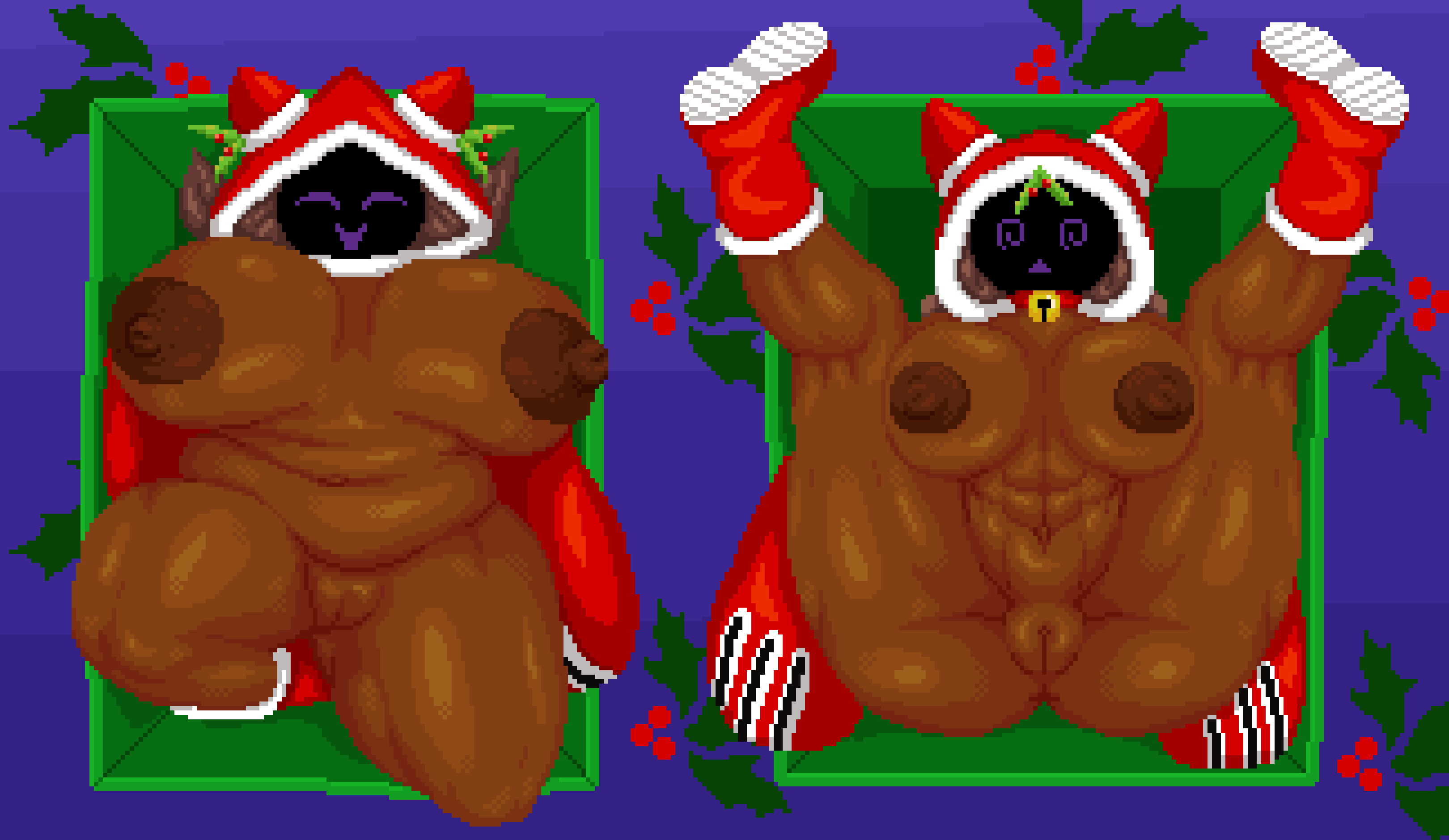 2020 abs absurd_res animal_humanoid anus areola bell belly big_areola big_breasts blazblue boots breasts brown_body brown_hair brown_skin butt cat_humanoid christmas clothing dark_body dark_skin duo eyes_closed fan_character fecharis felid felid_humanoid feline feline_humanoid female footwear genitals glistening glistening_body glistening_skin hair hi_res high-angle_view holidays holly_(plant) hood huge_breasts humanoid jingle_bell legs_up lunakaka_(spinneborg) mammal mammal_humanoid minakaka_(spinneborg) mistletoe mostly_nude navel nipples overweight overweight_female overweight_humanoid plant purple_eyes pussy smile spinneborg spiral_eyes spread_legs spreading thick_thighs video_games