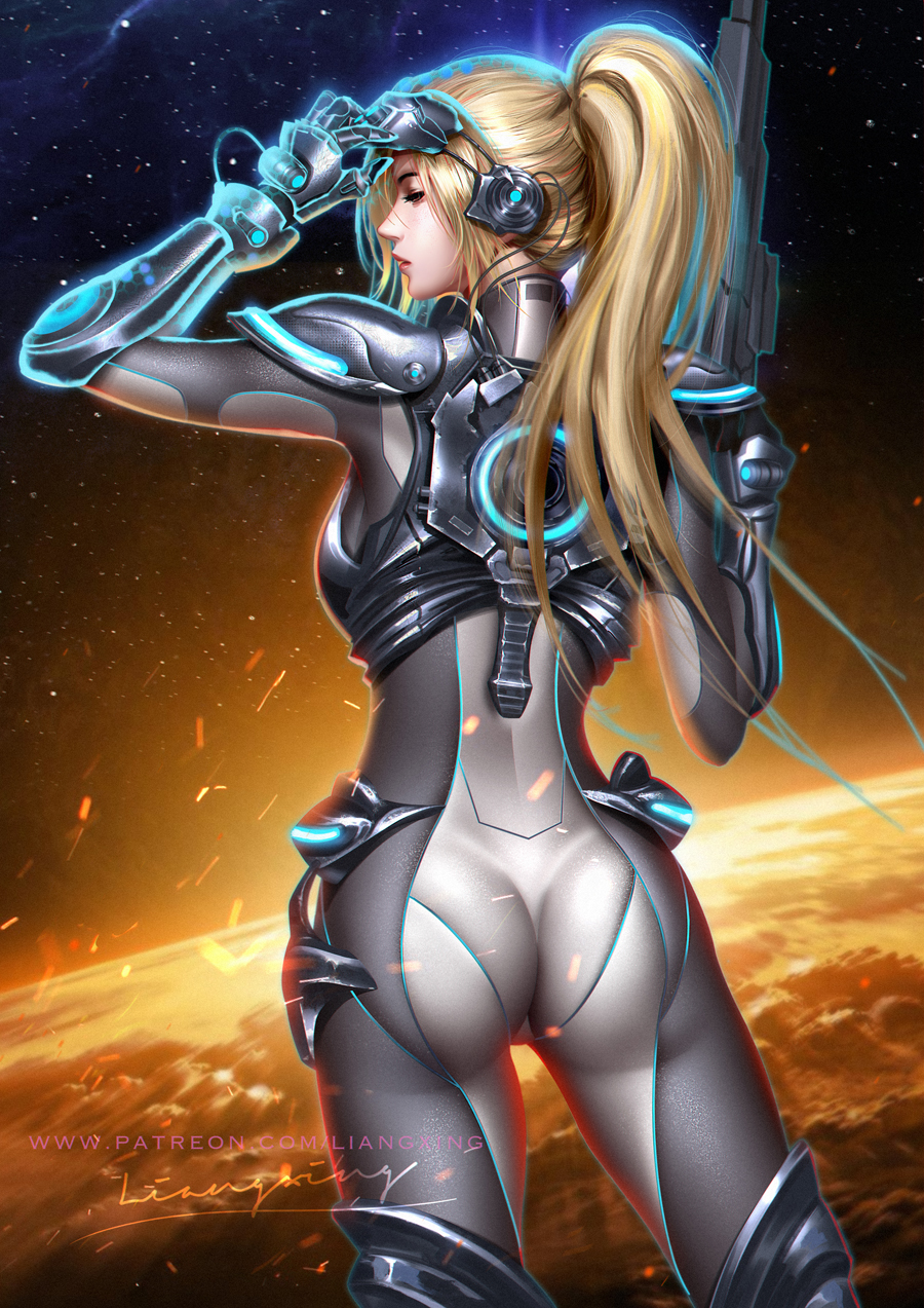 1girl arm_guards armor ass blonde_hair bodysuit breasts from_behind goggles goggles_on_head gun highres hip_armor holding holding_gun holding_weapon liang_xing lips long_hair medium_breasts nova_(starcraft) ponytail shoulder_armor signature skin_tight solo starcraft watermark weapon web_address