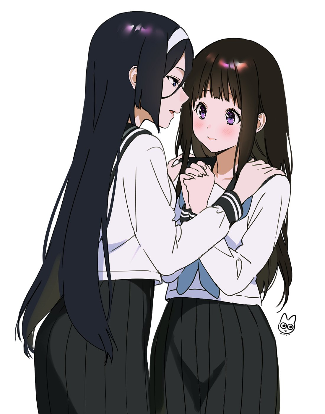 2girls artist_logo bangs black_hair blush brown_hair chitanda_eru cowboy_shot from_side glasses hairband hands_on_another's_shoulders hands_up highres hyouka irisu_fuyumi long_hair long_skirt long_sleeves looking_at_another mery_(yangmalgage) multiple_girls neckerchief open_mouth own_hands_together pleated_skirt profile purple_eyes sailor_collar school_uniform serafuku shiny shiny_hair shirt simple_background skirt white_background white_hairband white_shirt