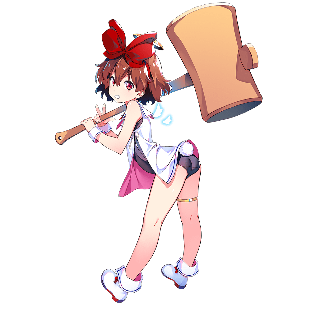 1girl arched_back ass bangs bow brown_hair bunny_tail carrying_over_shoulder dennou_tenshi_jibril eyebrows_visible_through_hair fake_tail full_body grin hair_bow holding huge_weapon kuuchuu_yousai mallet official_art red_eyes school_swimsuit short_hair smile solo swimsuit tail thigh_strap transparent_background two-handed weapon white_footwear