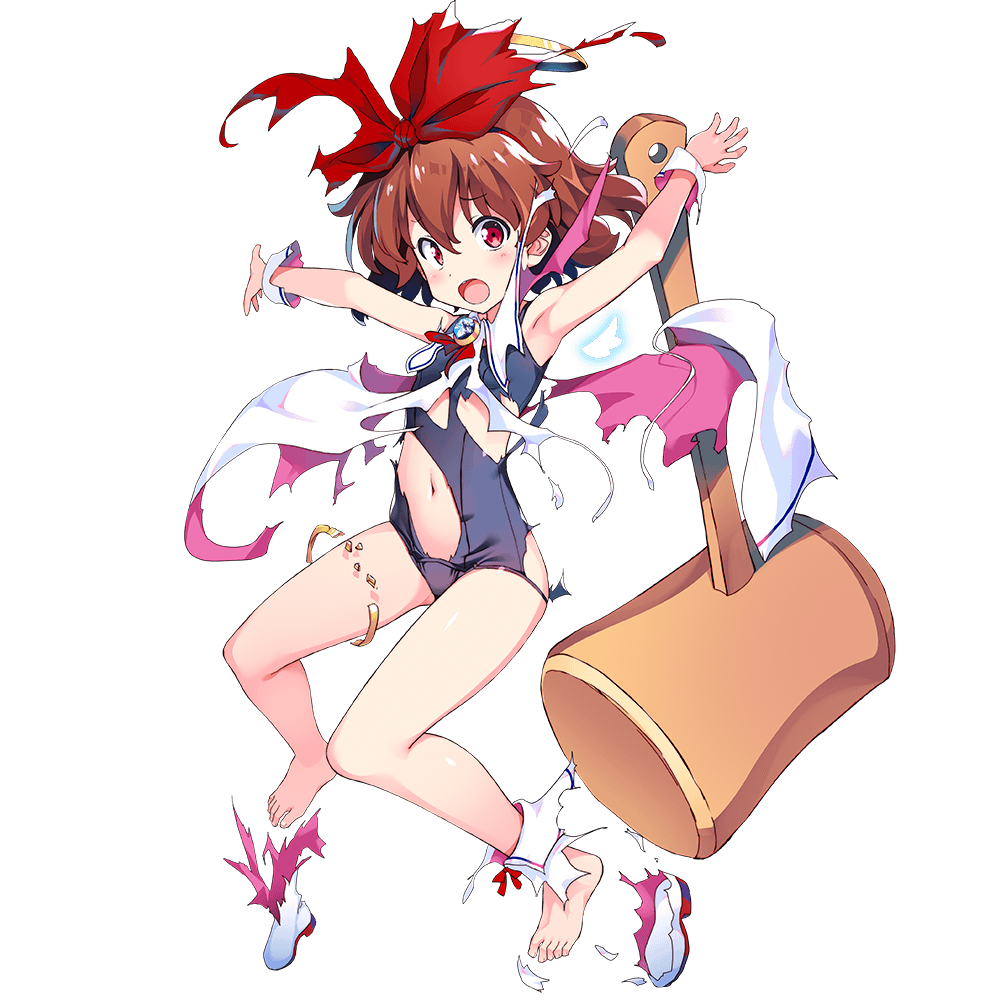1girl arms_up bangs barefoot blush brown_hair dennou_tenshi_jibril eyebrows_visible_through_hair full_body halo huge_weapon kuuchuu_yousai mallet mini_wings official_art open_mouth red_eyes school_swimsuit short_hair solo swimsuit thigh_strap torn_clothes transparent_background weapon wrist_cuffs