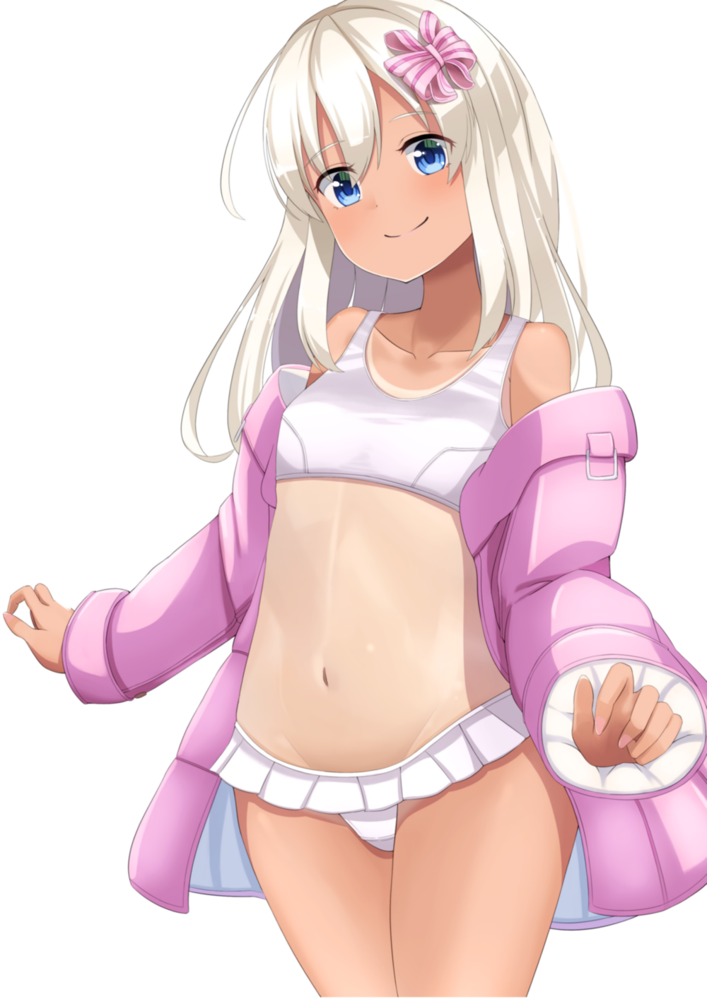1girl bikini bikini_skirt blonde_hair blue_eyes breasts cowboy_shot frilled_skirt frills hair_ribbon highres jacket kantai_collection long_hair looking_at_viewer off-shoulder_jacket one-piece_tan open_clothes open_jacket pink_jacket ribbon ro-500_(kantai_collection) simple_background skirt sky small_breasts smile solo standing swimsuit tan tanline totoraisu white_background white_bikini