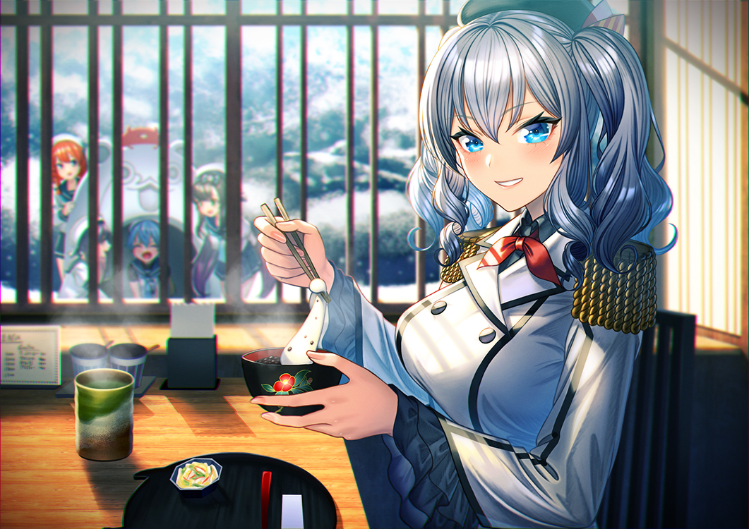 5girls beret blue_eyes blue_hair blush bokukawauso braid breasts buttons chopsticks commentary_request cup enemy_lifebuoy_(kantai_collection) epaulettes etorofu_(kantai_collection) eyebrows_visible_through_hair food frilled_sleeves frills gloves gradient_hair hat holding indoors jacket kantai_collection kashima_(kantai_collection) large_breasts long_hair long_sleeves looking_at_viewer matsuwa_(kantai_collection) military military_uniform multicolored_hair multiple_girls purple_hair red_hair sado_(kantai_collection) sailor_collar school_uniform serafuku shiruko_(food) sidelocks silver_hair smile snow steam table teacup tray tsushima_(kantai_collection) twin_braids twintails uniform unowen wavy_hair white_gloves window