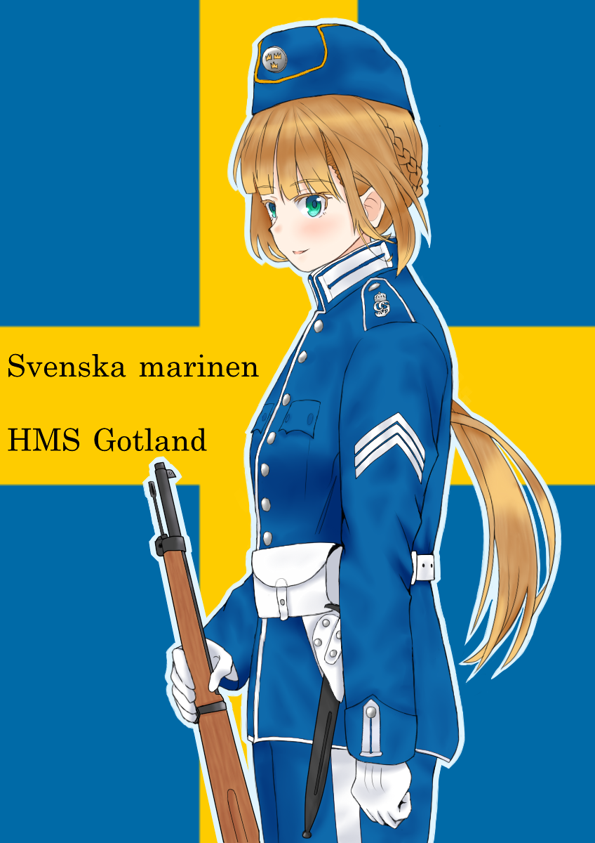 aqua_eyes belt belt_pouch blonde_hair blue_headwear blue_jacket blue_pants braid breast_pocket buttons closed_mouth collared_jacket commentary_request flag_background garrison_cap gloves gotland_(warship_girls_r) gun hat highres holding holding_weapon insignia jacket knife long_hair looking_to_the_side military military_uniform outline pants pocket ponytail pouch rifle shoulder_strap smile swedish_flag swedish_text swedish_uniform tre_kronor uniform warship_girls_r weapon white_belt white_gloves white_outline white_trim whiterose_tavern