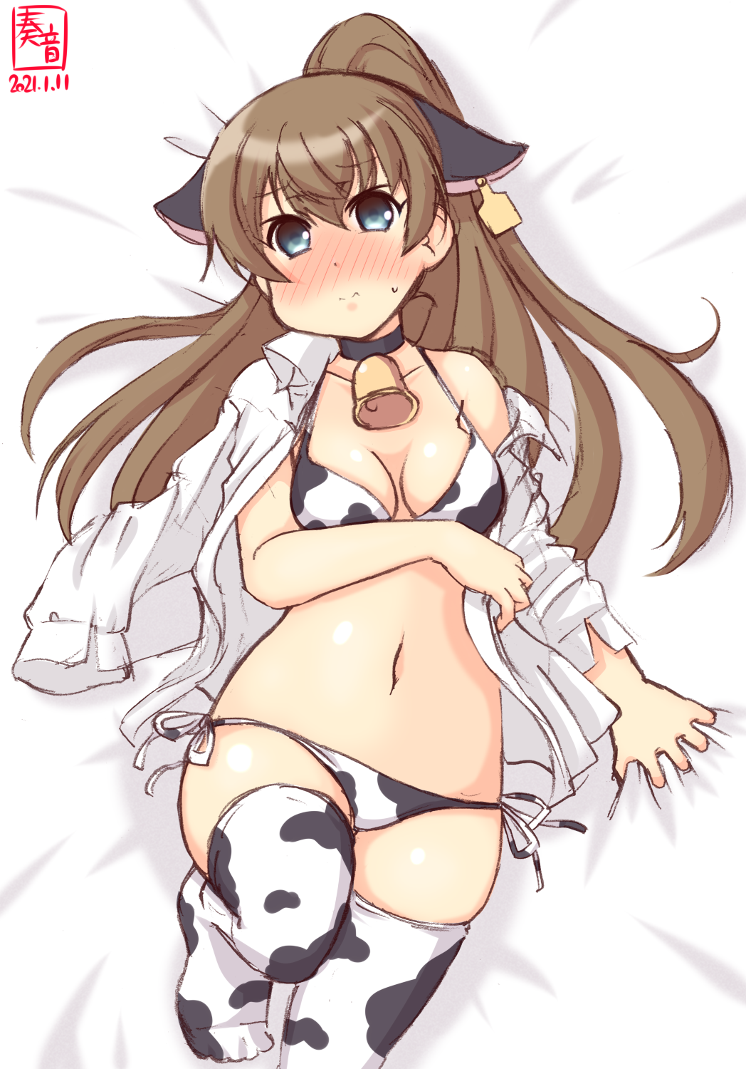 1girl alternate_costume animal_ears animal_print artist_logo bangs bed_sheet bell bell_choker bikini black_choker blue_eyes blush breasts brown_hair choker collarbone collared_shirt commentary_request cow_ears cow_print cowbell dated dress_shirt eyebrows_visible_through_hair highres kanon_(kurogane_knights) kantai_collection kumano_(kantai_collection) long_hair long_sleeves looking_at_viewer lying medium_breasts navel on_back open_clothes open_shirt ponytail print_bikini print_legwear revision sheet_grab shirt solo stomach sweat swimsuit thighhighs white_shirt