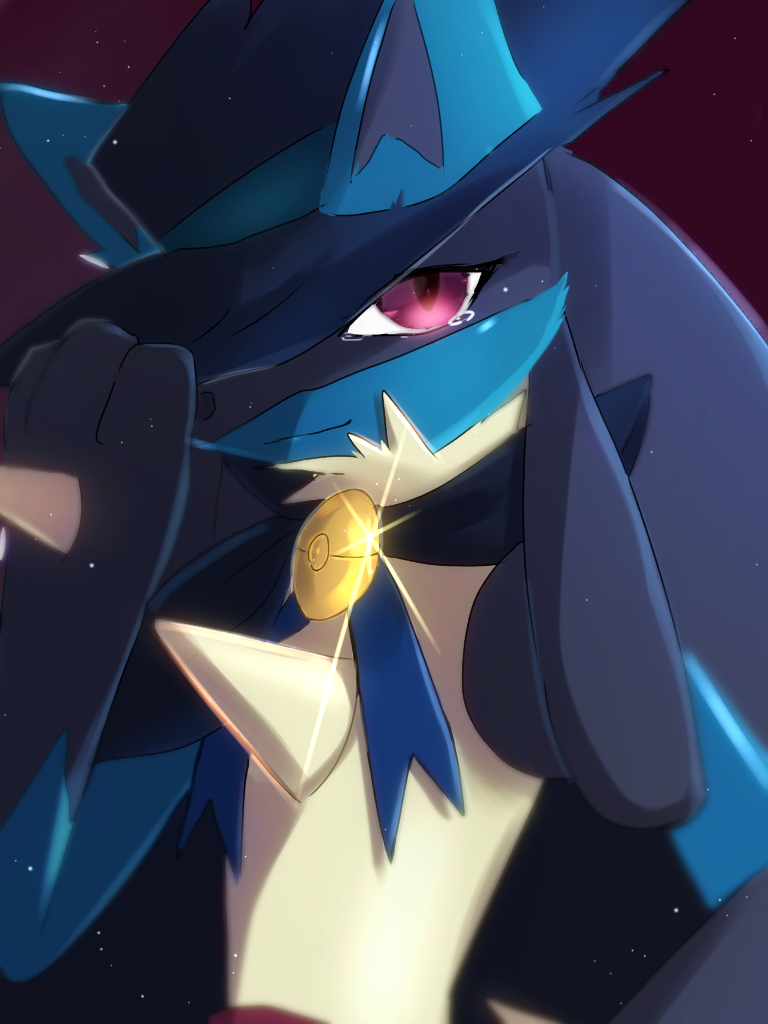 1boy adjusting_clothes adjusting_headwear animal_ears black_fur blue_cape blue_fur blue_headwear blue_ribbon body_fur brooch cape closed_mouth clothed_pokemon commentary cosplay furry gen_4_pokemon glint hand_up hat iogi_(iogi_k) jewelry light_particles looking_at_viewer lucario male_focus one_eye_covered poke_ball_theme pokemon pokemon_(anime) pokemon_m08 pokemon_rse_(anime) purple_background purple_eyes ribbon sad sideways_mouth simple_background sir_aaron sir_aaron_(cosplay) smile solo spikes tears textless wolf_boy wolf_ears yellow_fur