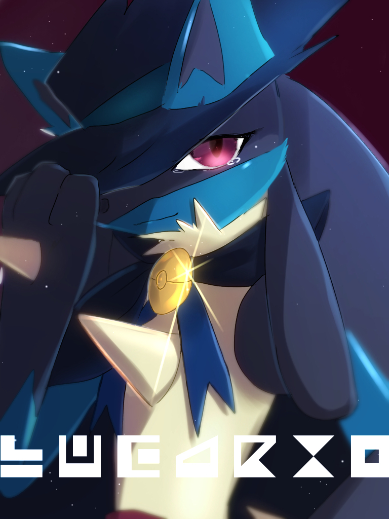 1boy adjusting_clothes adjusting_headwear animal_ears black_fur blue_cape blue_fur blue_headwear blue_ribbon body_fur brooch cape character_name closed_mouth clothed_pokemon commentary cosplay english_text furry gen_4_pokemon glint hand_up hat iogi_(iogi_k) jewelry light_particles looking_at_viewer lucario male_focus one_eye_covered poke_ball_theme pokemon pokemon_(anime) pokemon_m08 pokemon_rse_(anime) purple_background purple_eyes ribbon sad sideways_mouth simple_background sir_aaron sir_aaron_(cosplay) smile solo spikes tears wolf_boy wolf_ears yellow_fur