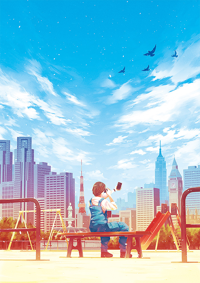 1girl arms_up bench bird black_hair blue_overalls blue_sky building city clock cloud cloudy_sky craft-cs fountain from_behind holding long_sleeves original playground shadow shirt short_hair sitting sky slide solo swing_set white_shirt wide_shot