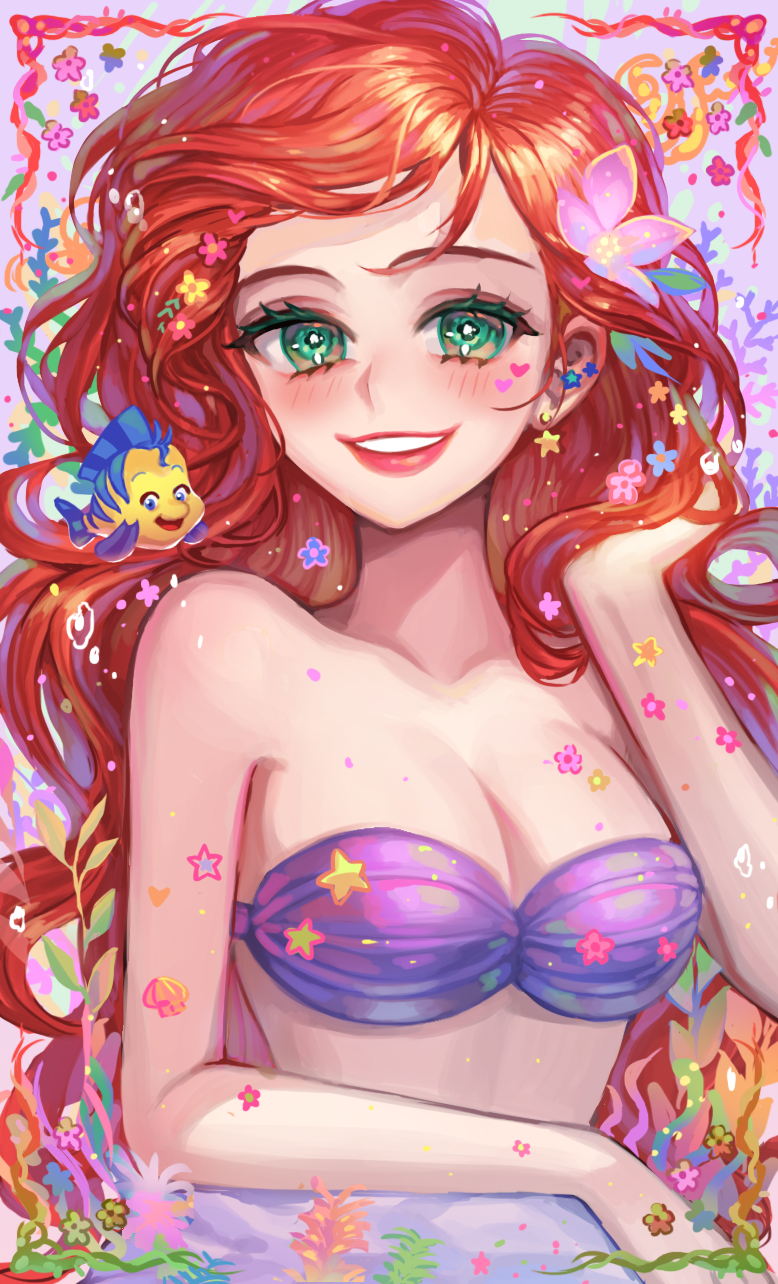 1girl air_bubble animal aqua_flower ariel_(disney) arm_support bare_arms bare_shoulders breasts bubble cleavage colorful earrings eyelashes facepaint fish floating_hair flounder_(the_little_mermaid) flower green_eyes hair_flower hair_ornament hand_in_hair hand_up happy highres jewelry light_blush light_particles long_hair looking_at_viewer medium_breasts micha parted_lips pink_flower purple_background purple_flower red_hair shell shell_bikini shiny shiny_hair simple_background smile solo sparkling_eyes star_(symbol) star_earrings stomach tareme the_little_mermaid yellow_flower