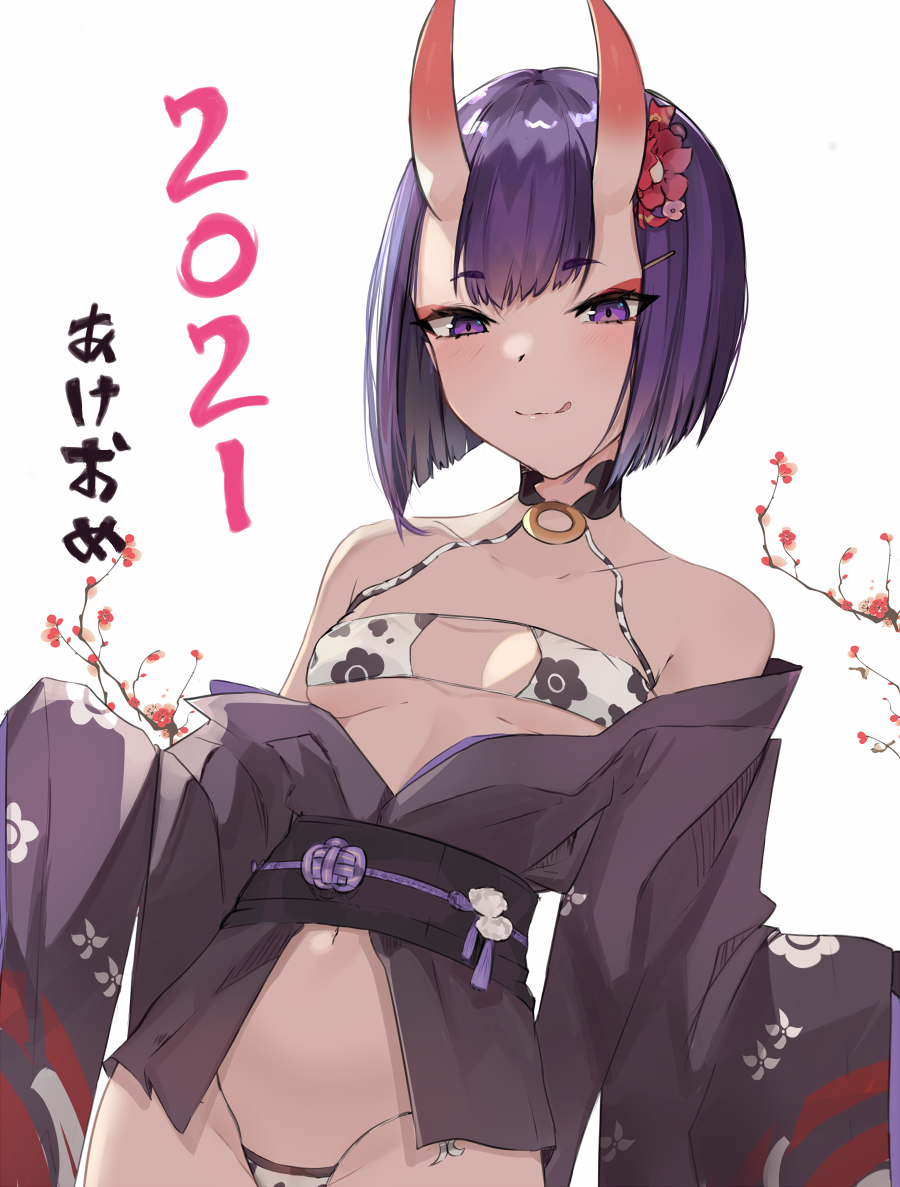 1girl 2021 akeome alternate_costume bare_shoulders bikini black_kimono blush breasts breasts_apart closed_mouth collarbone eyepatch_bikini fate/grand_order fate_(series) floral_print flower hair_flower hair_ornament happy_new_year horns japanese_clothes kimono long_sleeves looking_at_viewer micro_bikini navel new_year obi off_shoulder oni_horns oni_noodle open_clothes open_kimono print_bikini purple_eyes purple_hair red_flower sash short_hair shuten_douji_(fate/grand_order) simple_background skin-covered_horns sleeves_past_fingers sleeves_past_wrists small_breasts solo swimsuit translation_request underboob upper_body white_background white_bikini wide_sleeves