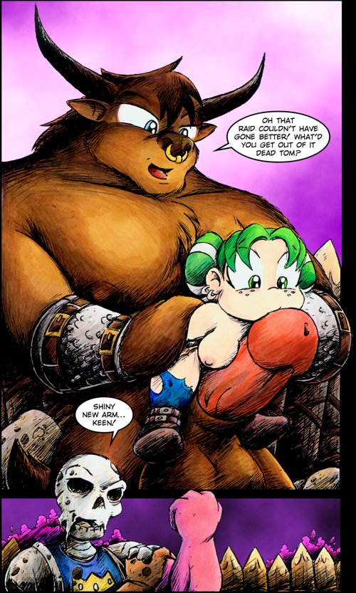 blue_eyes bovine breasts brothers_grinn brown_hair comic dialog drake_fenwick english_text erection facial_piercing female gnome green_eyes green_hair hair horn male mammal nipples nose_piercing nose_ring penis piercing size_difference supermegatopia tauren text undead video_games warcraft world_of_warcraft