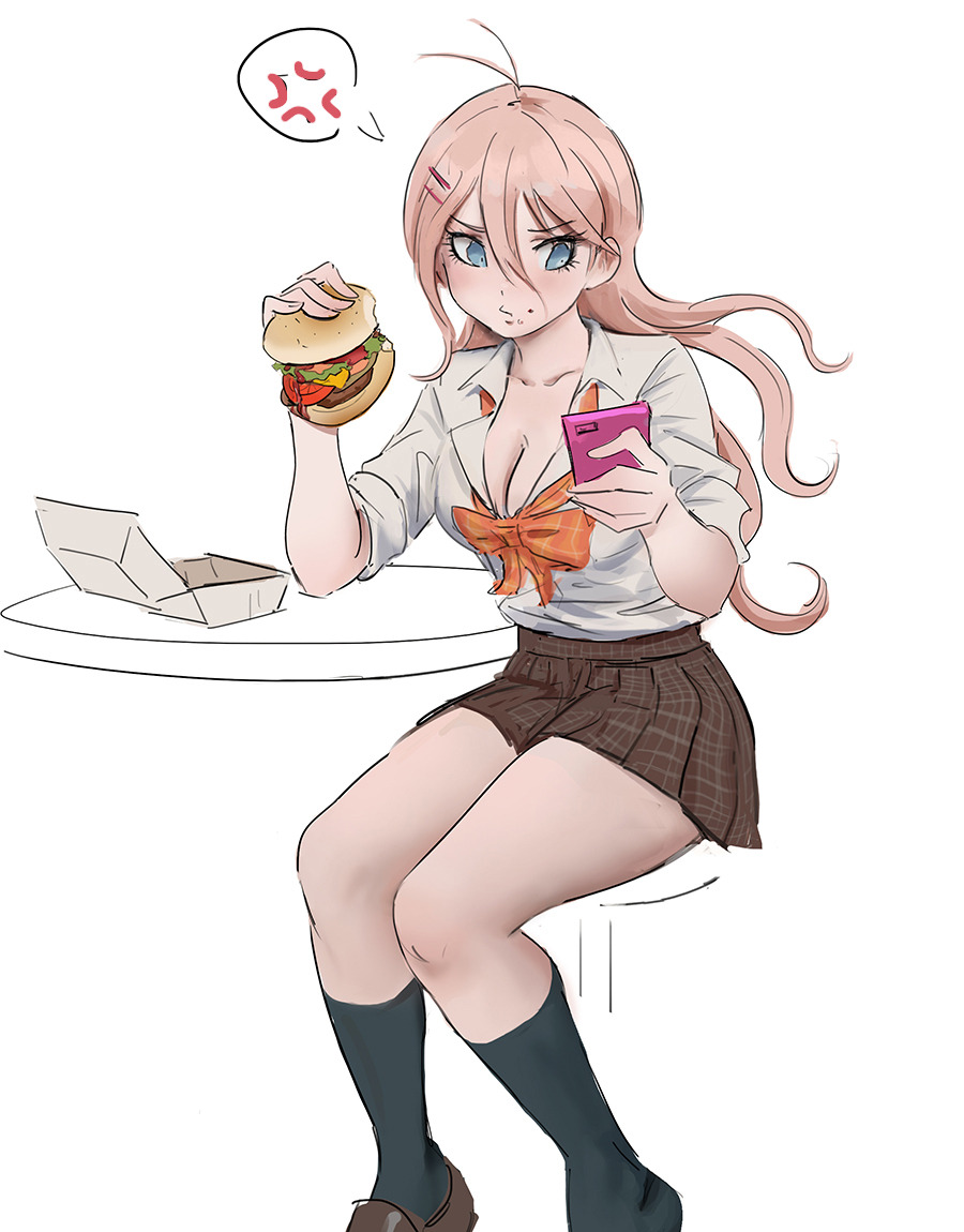 1girl alternate_costume anger_vein antenna_hair bangs black_legwear blonde_hair blue_eyes box breasts brown_footwear brown_skirt cellphone cleavage closed_mouth collarbone danganronpa_(series) danganronpa_v3:_killing_harmony eating feet_out_of_frame food food_on_face hair_between_eyes hair_ornament hairclip hamburger holding holding_food holding_phone iruma_miu kneehighs large_breasts long_hair looking_down miniskirt phone pleated_skirt qosic school_uniform shirt shoes simple_background sitting sketch skirt sleeves_rolled_up smartphone solo