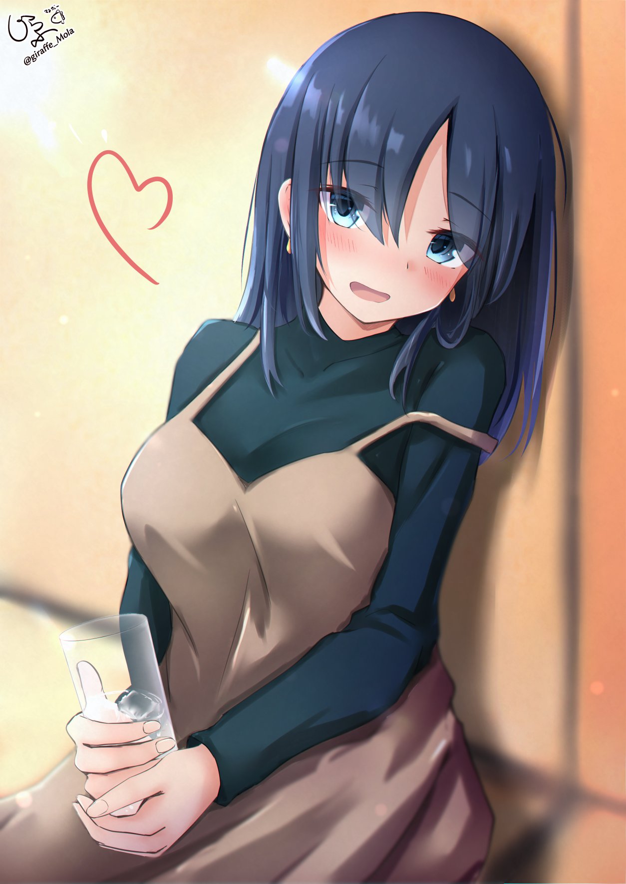 1girl against_wall alternate_hairstyle artist_logo beige_dress blue_eyes blue_hair commentary_request earrings giraffe_(ilconte) glass green_sweater hair_down highres ice ice_cube jewelry kantai_collection long_hair looking_at_viewer official_alternate_costume solo souryuu_(kantai_collection) strap_slip sweater turtleneck twitter_username upper_body