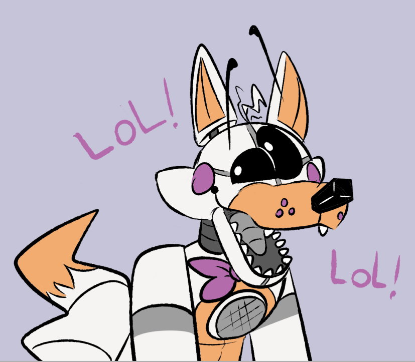 ambiguous_gender animatronic anthro bow_tie canid canine dipstick_tail english_text five_nights_at_freddy's five_nights_at_freddy's_world fox freckles head_tuft laugh lolbit_(fnaf) machine mammal metal_tongue multicolored_body multicolored_tail purple_cheeks robot sister_location skkortysoup solo speaker text tuft video_games white_body white_eyes