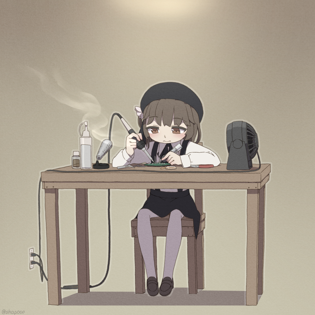 1girl beret black_headwear black_skirt brown_eyes brown_hair circuit_board commentary_request electric_fan flower hat hatoba_tsugu loafers pantyhose rose shoes sitting skirt soldering soldering_iron solo suspender_skirt suspenders syego table tsugu_(vtuber) virtual_youtuber white_flower white_legwear white_rose