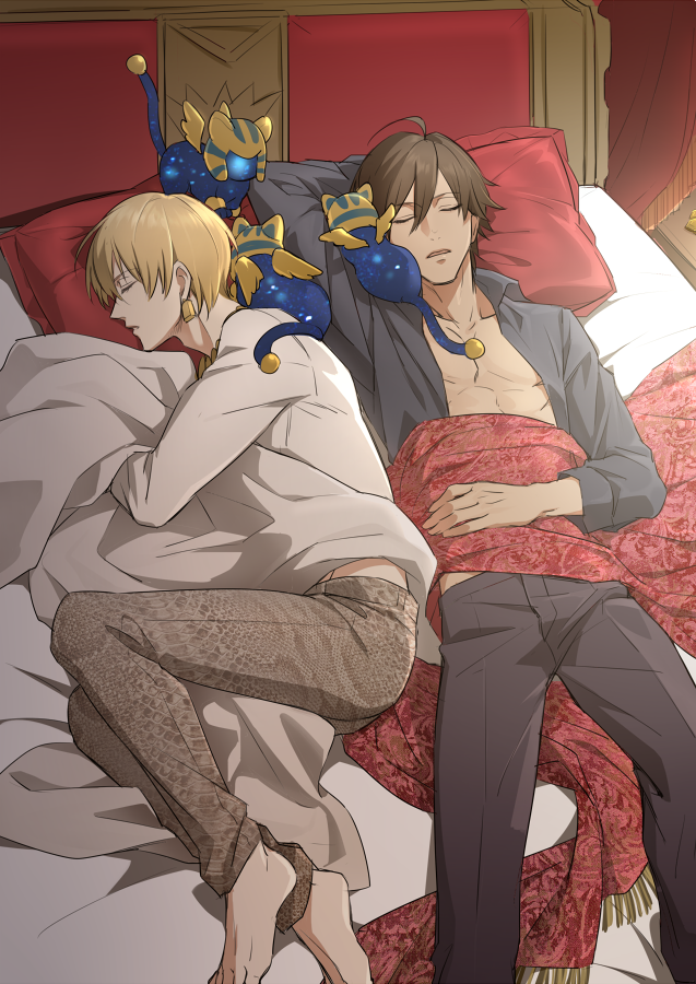 2boys alternate_costume animal barefoot bed blanket blonde_hair brown_hair earrings fate_(series) full_body gilgamesh jewelry male_focus mj_(11220318) multiple_boys necklace open_clothes open_shirt ozymandias_(fate) pillow sleeping sphinx