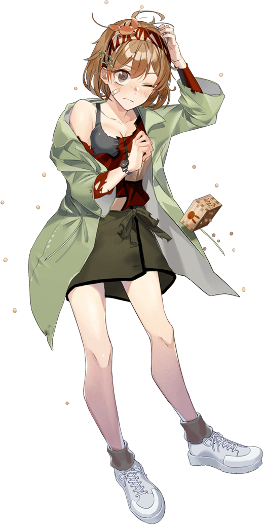 1girl 1other animal animal_on_head bandaid bandaid_on_face beans blush breasts brown_eyes closed_mouth coat collarbone crab crab_on_head drew_(drew213g) full_body green_coat green_skirt kantai_collection light_brown_hair long_sleeves masu medium_breasts oboro_(kantai_collection) official_art on_head one_eye_closed open_clothes open_coat pet shoes short_hair skirt sneakers torn_clothes transparent_background watch white_footwear wristwatch