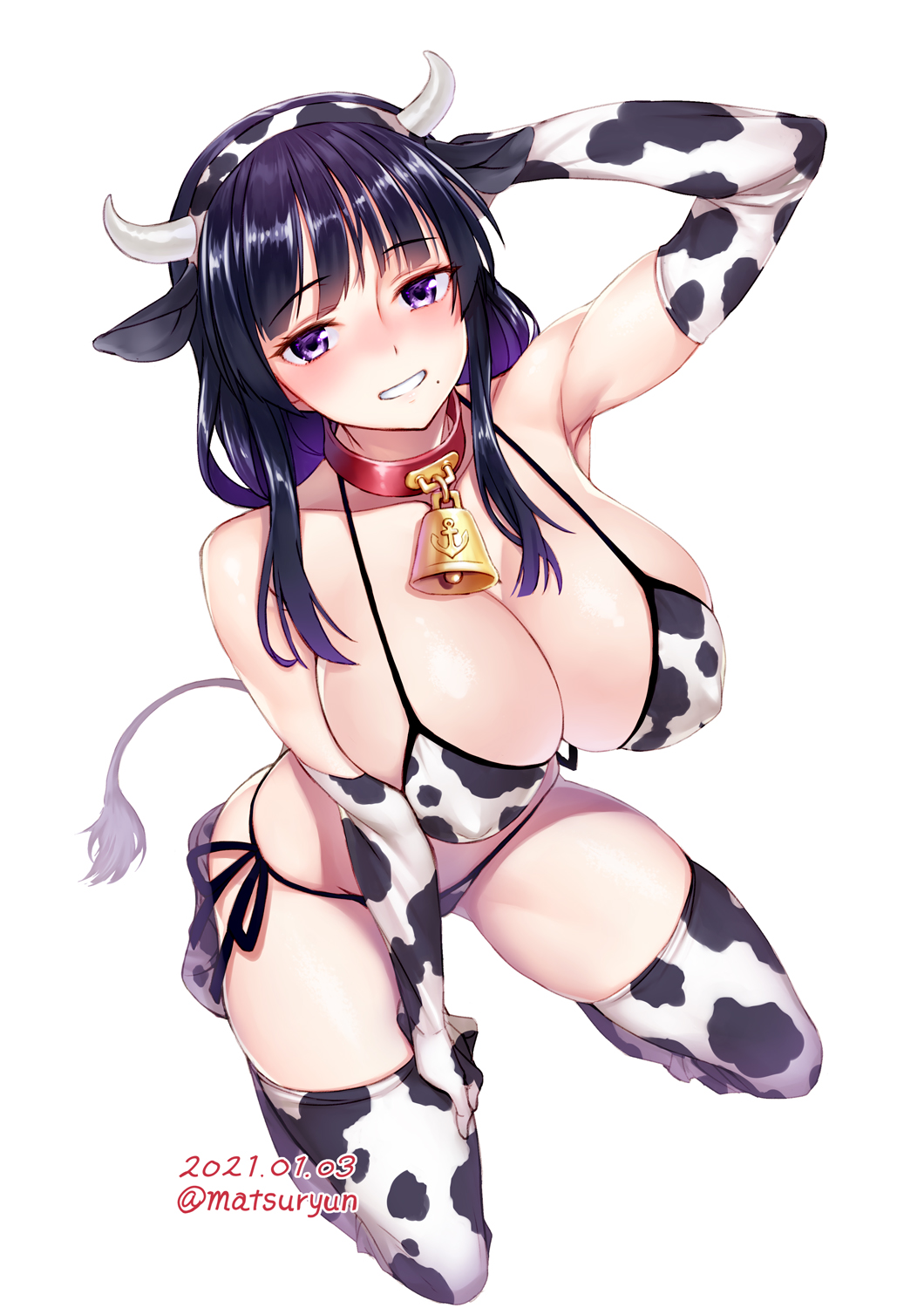 1girl 2021 animal_ears animal_print arm_up bangs bell bell_collar bikini blush breasts chinese_zodiac cleavage collar covered_nipples cow_ears cow_horns cow_print cow_tail cowbell elbow_gloves fake_animal_ears fake_horns fake_tail female_admiral_(kantai_collection) gloves grin hairband highres horns kantai_collection kneeling large_breasts long_hair looking_at_viewer matsuryuu mole mole_under_mouth open_mouth original purple_eyes purple_hair side-tie_bikini simple_background smile solo swimsuit tail thighhighs white_background year_of_the_ox