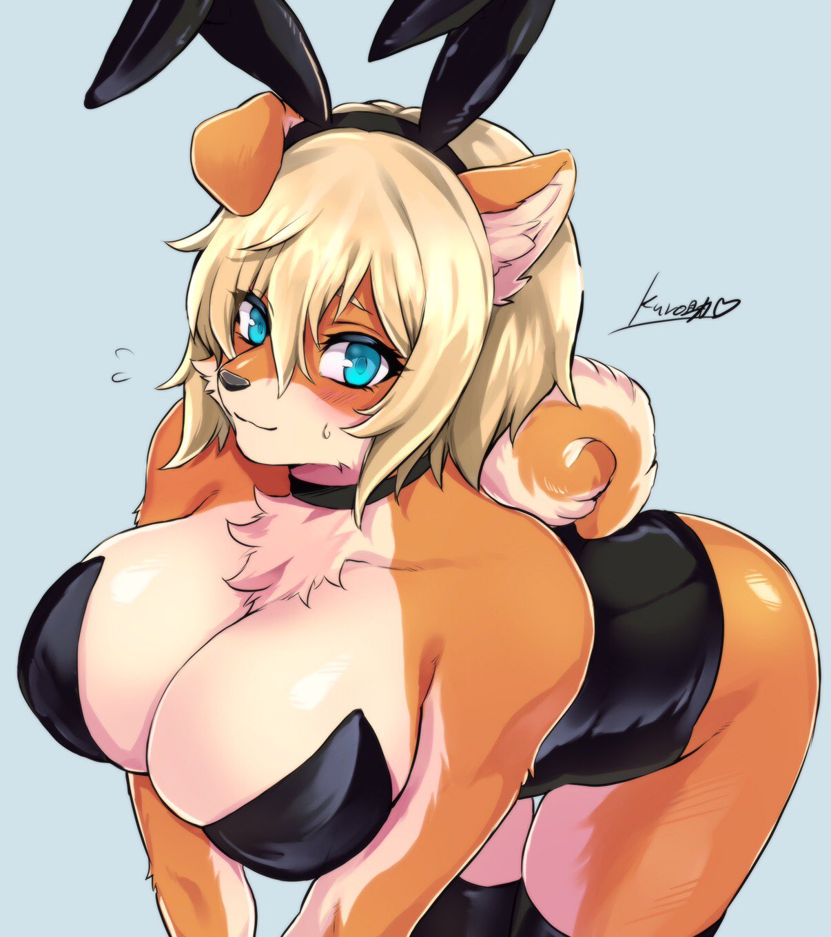 2020 anthro bent_over big_breasts biped black_choker black_clothing black_legwear black_leotard black_nose blonde_hair blue_eyes blush bodily_fluids breasts brown_body brown_fur bunny_costume canid canine canis cheek_tuft chest_tuft choker cleavage clothed clothing costume countershading curled_tail domestic_dog facial_tuft fake_ears fake_rabbit_ears female floppy_ears front_view fur fur_tuft hair hair_between_eyes hi_res inner_ear_fluff jewelry kemono kurosuke0755 leaning leaning_forward legwear looking_at_viewer mammal monotone_clothing multicolored_body multicolored_fur necklace orange_body orange_ears orange_fur orange_tail shiba_inu short_hair signature simple_background smile solo spitz standing stockings strapless_clothing strapless_leotard sweat tan_body tan_fur tan_inner_ear tan_tail thigh_highs tuft two_tone_body two_tone_fur two_tone_tail