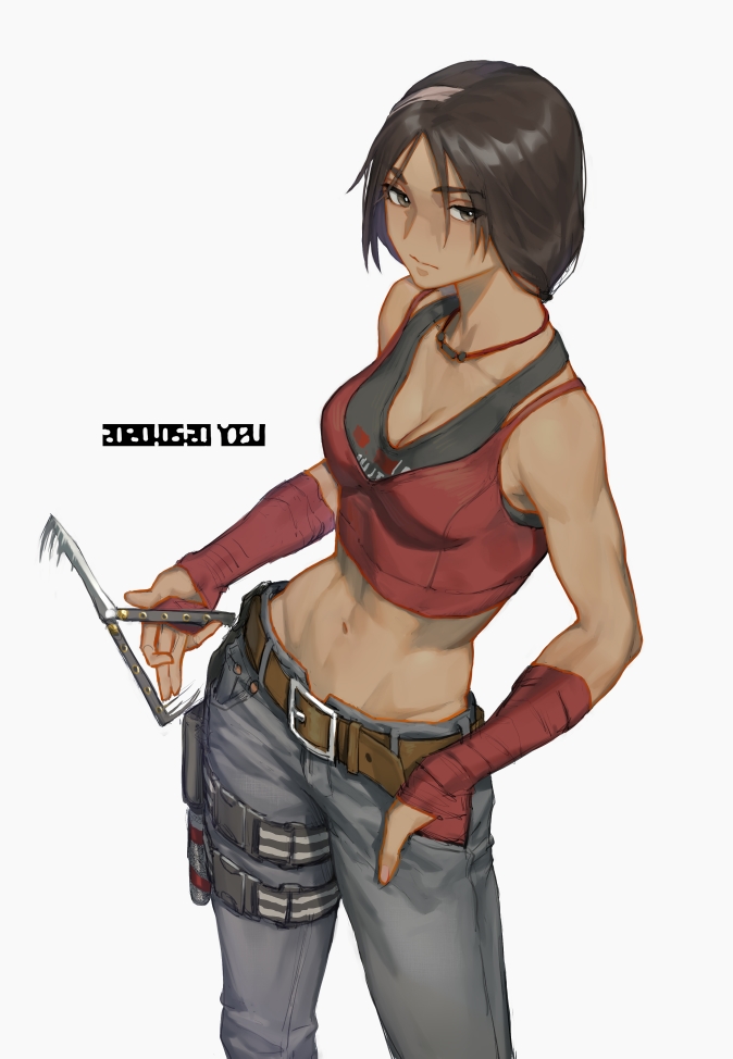 1girl abs artist_name bandaged_arm bandages black_sports_bra breasts brown_eyes brown_hair caveira_(rainbow_six_siege) cleavage commentary_request contrapposto cowboy_shot crop_top dark_skin dark_skinned_female dated denim fingernails grey_pants gun hand_in_pocket handgun holding holding_knife holster holstered_weapon jeans jewelry knife low_ponytail medium_breasts midriff muscular muscular_female navel necklace pants pistol rainbow_six rainbow_six_siege red_tank_top solo sports_bra switchblade tank_top thigh_holster toned twirling_knife weapon white_background youzu_(youzuyozu)