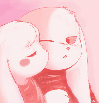 2009 anthro blush brother brother_and_sister cave_story digital_drawing_(artwork) digital_media_(artwork) duo eyelashes eyes_closed facial_scar female floppy_ears fluffy fur fur_tuft head_tuft king_(cave_story) kissing kissing_cheek lagomorph looking_at_another looking_at_partner lop_ears low_res male male/female mammal mimiga monochrome one_eye_closed open_mouth scar sibling simple_background sister small_nose text tiuhu toroko tuft url video_games