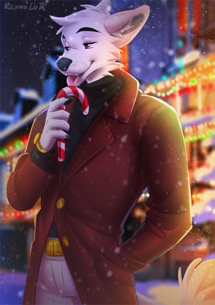 2021 anthro black_nose canid canine canis clothed clothing detailed_background digital_media_(artwork) eyebrows eyelashes fur kammi-lu male mammal night open_mouth outside teeth tongue white_body white_fur wolf