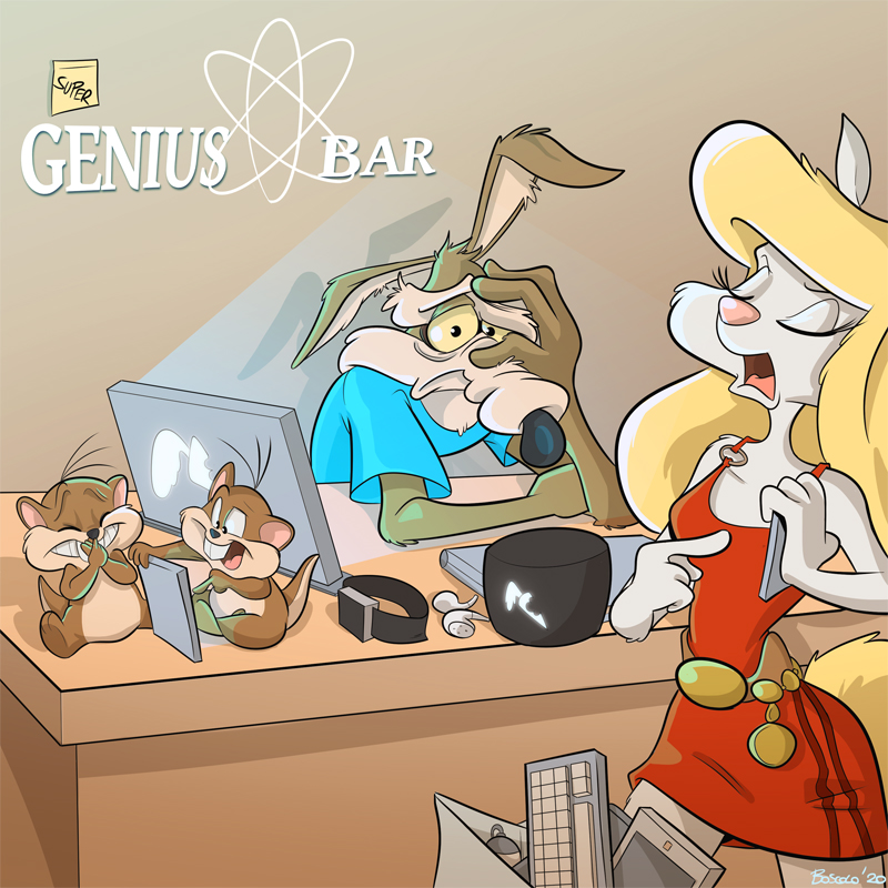 2020 4_fingers alternate_costume andrea_boscolo animaniacs anthro apple_inc. arm_support belt black_nose blonde_hair blonde_tail blue_t-shirt brown_body brown_fur buckteeth canid canine canis cheek_tuft clothing computer computer_keyboard coyote crossover desk dress earbuds eyelashes eyes_closed facepalm facial_tuft female fingers floppy_ears fur furniture glowing_screen goofy_gophers gopher group hair headphones holding_object holding_phone ipad leaning_on_elbow looney_tunes male mammal minerva_mink mink monitor mustelid musteline open_mouth phone pink_nose pointing_at_object post-it_note red_clothing red_dress rodent shirt signature sitting smile standing t-shirt tablet_computer talking_to_another tech_support teeth text tired topwear tuft warner_brothers white_body white_fur wile_e._coyote yellow_sclera yellow_tail